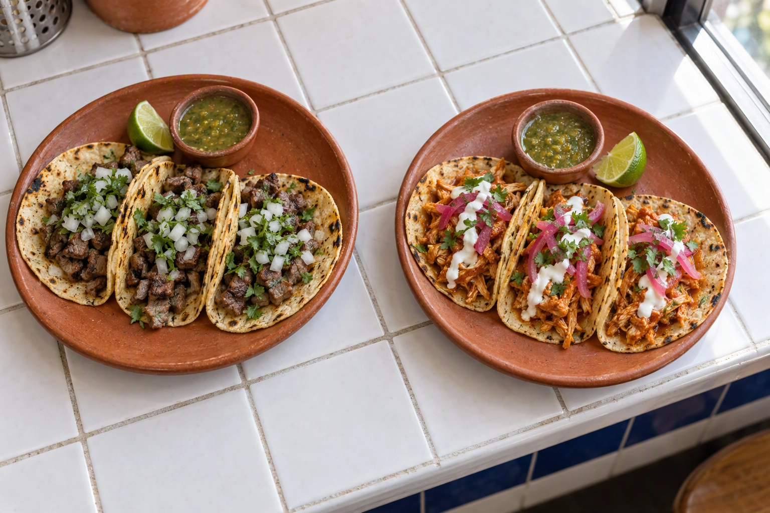 Carne asada and chicken tinga tacos on separate plates, since each DoorDash menu item needs its own photo