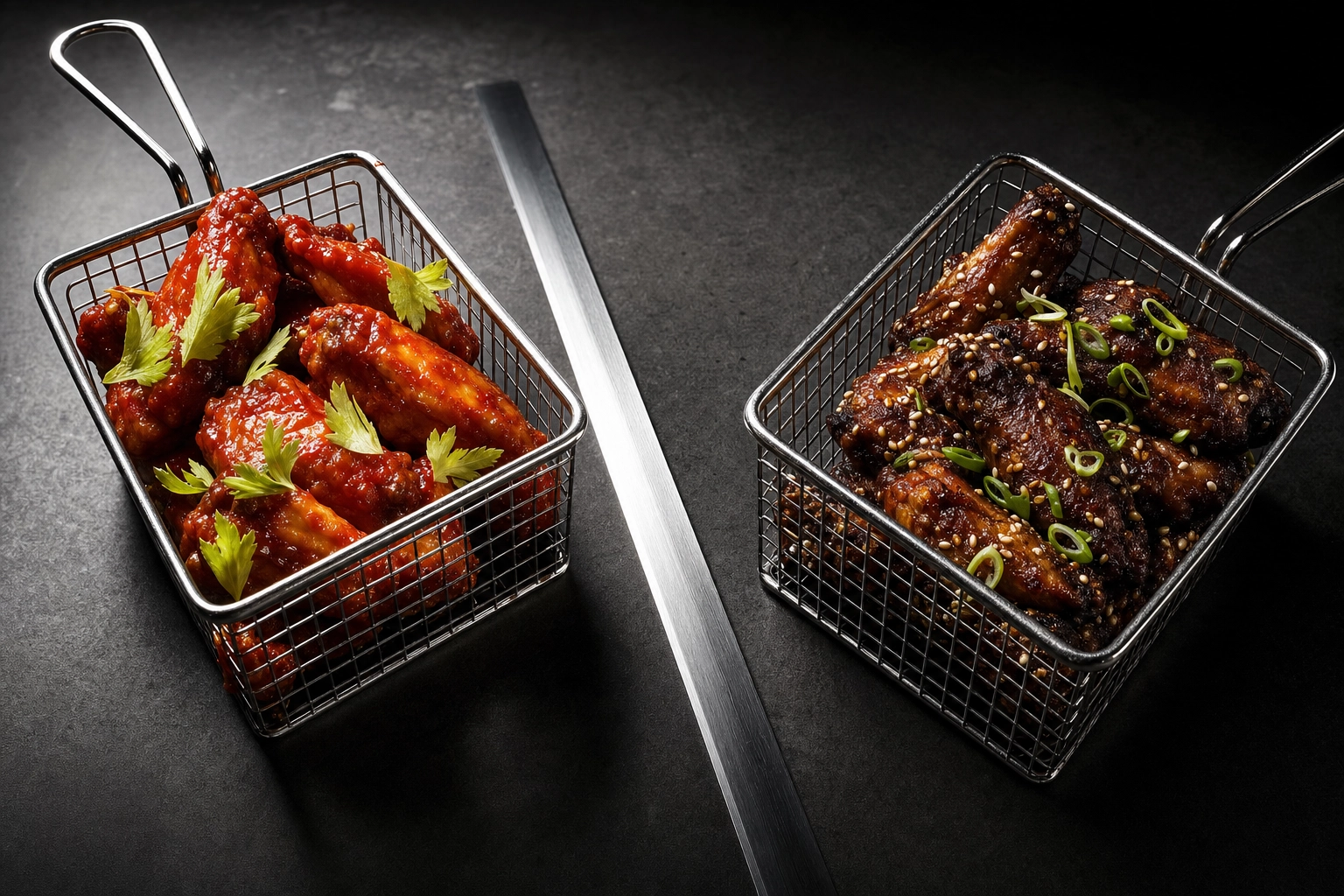 Two baskets of chicken wings with different sauces divided by a steel ruler, illustrating DoorDash 50% menu differentiation for virtual brands