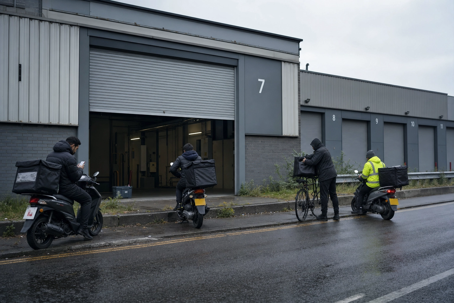 Couriers waiting outside a plain industrial production unit with no dine-in entrance, the setup that triggers the DoorDash virtual kitchen badge