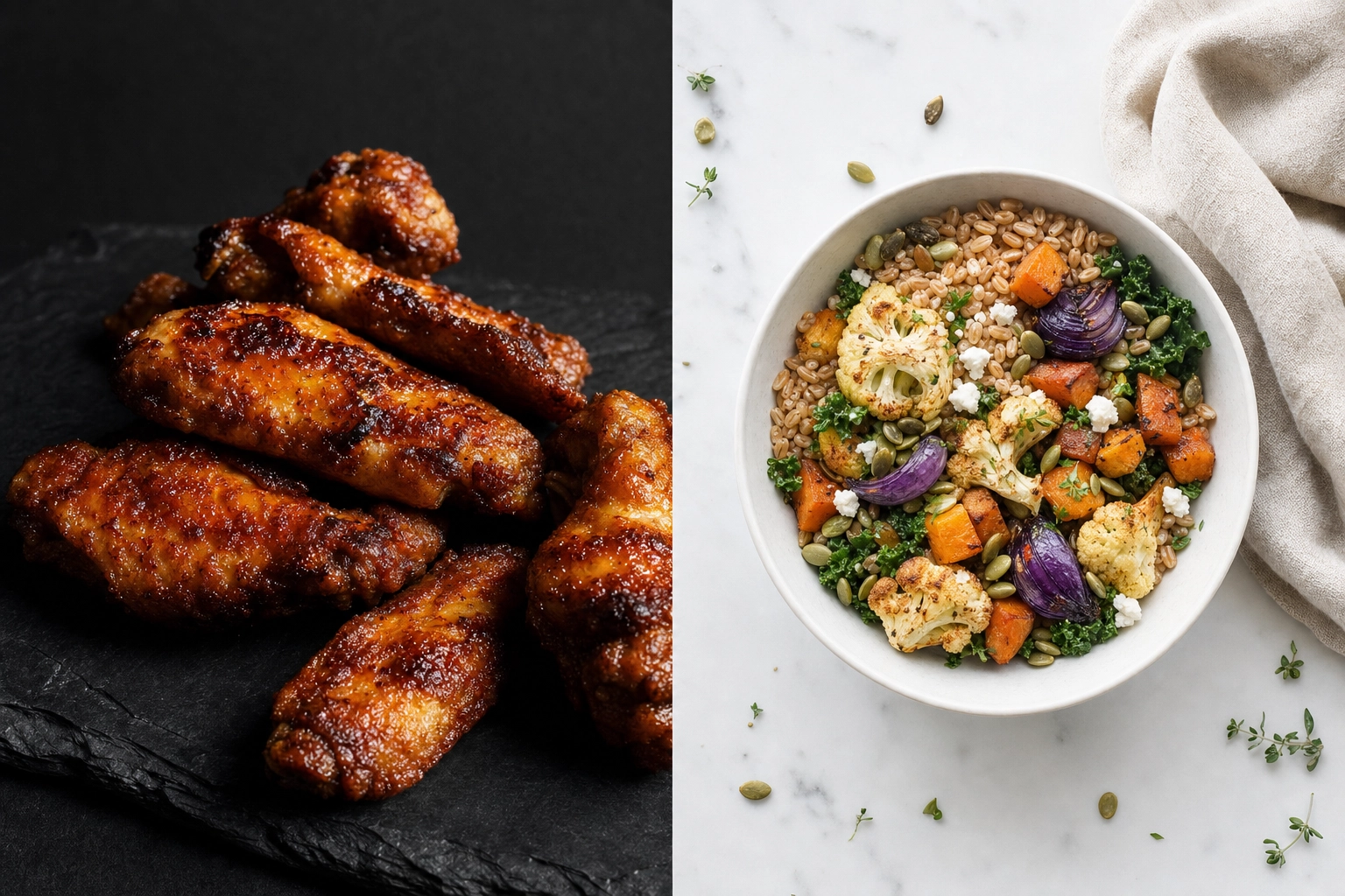 Split frame comparing dark moody wings styling with bright airy grain bowl styling, two distinct photo identities for two virtual brands