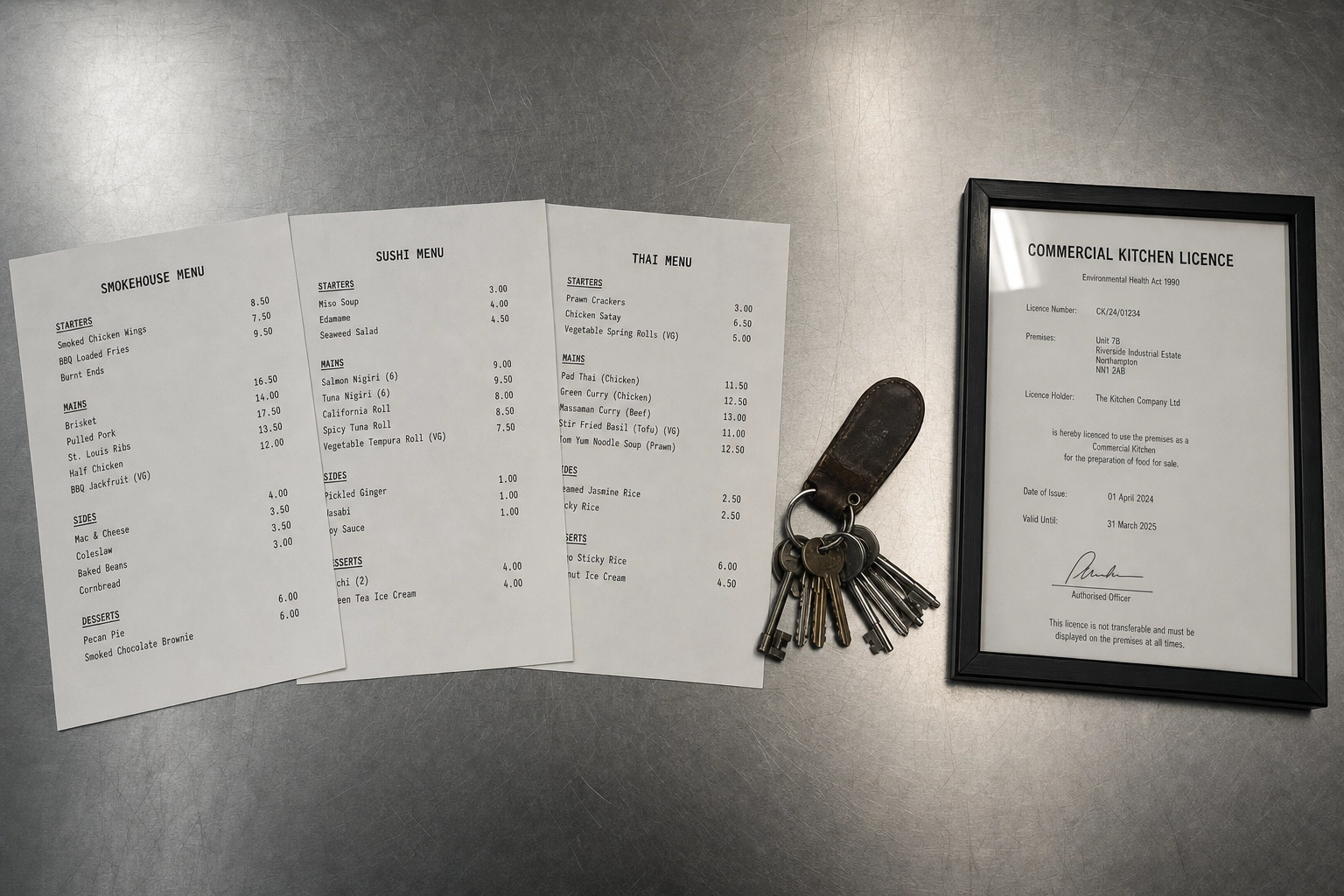 Overhead flat-lay of three separate menu sheets beside one ring of keys and one kitchen licence on steel, three virtual brands one premises