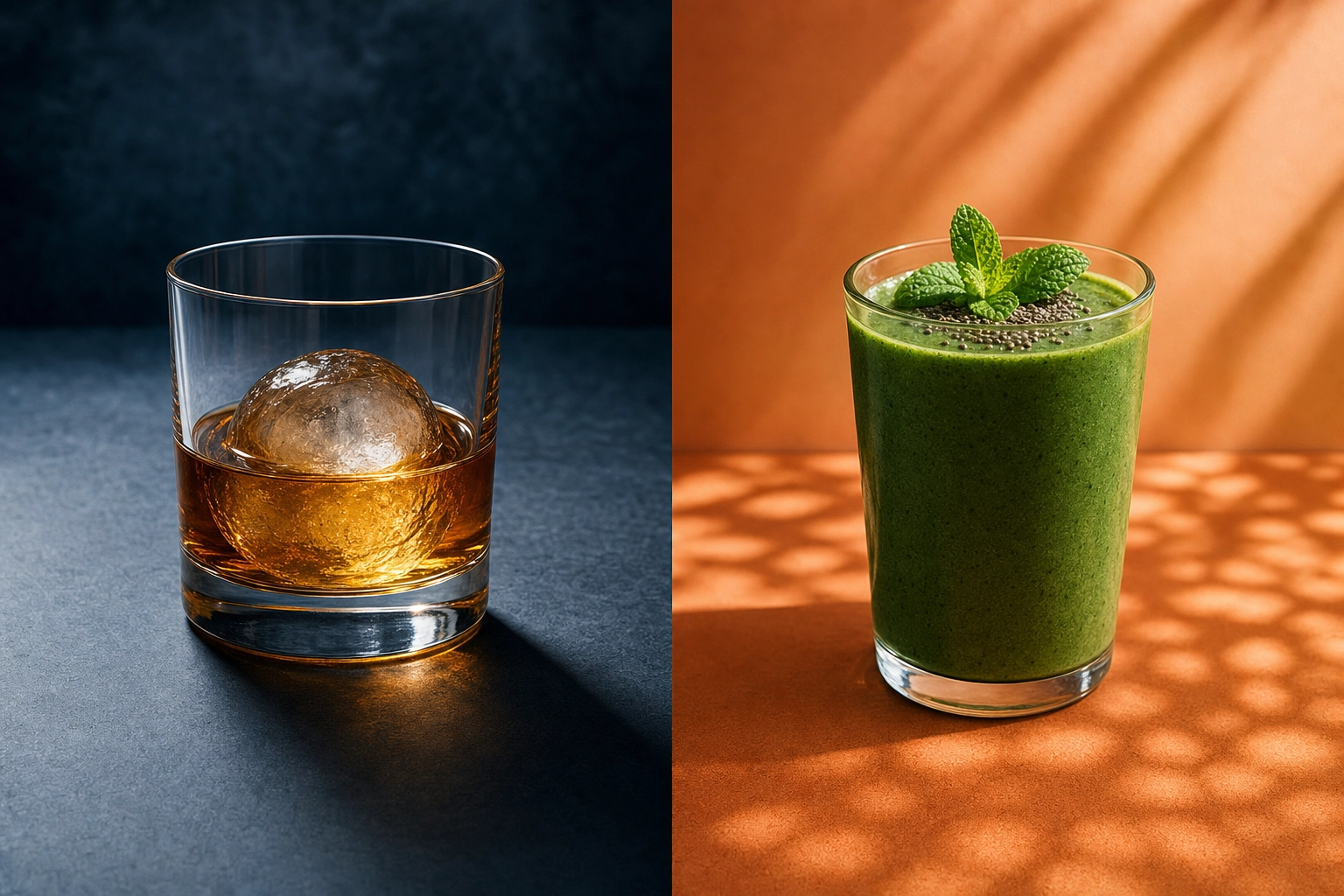 Side-by-side comparison of warm bourbon on cool slate and green smoothie on terracotta showing drink photography color theory in action