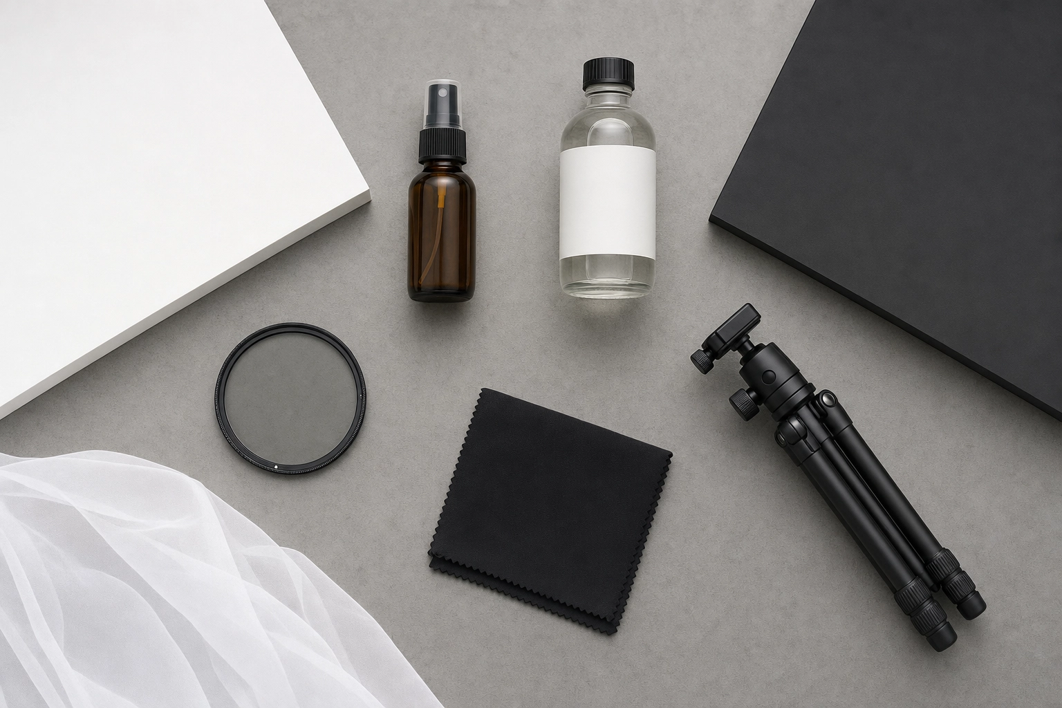 Flat-lay of complete drink photography equipment kit under 100 dollars — spray bottle, foam boards, polarizer filter, tripod, microfiber cloth on grey surface