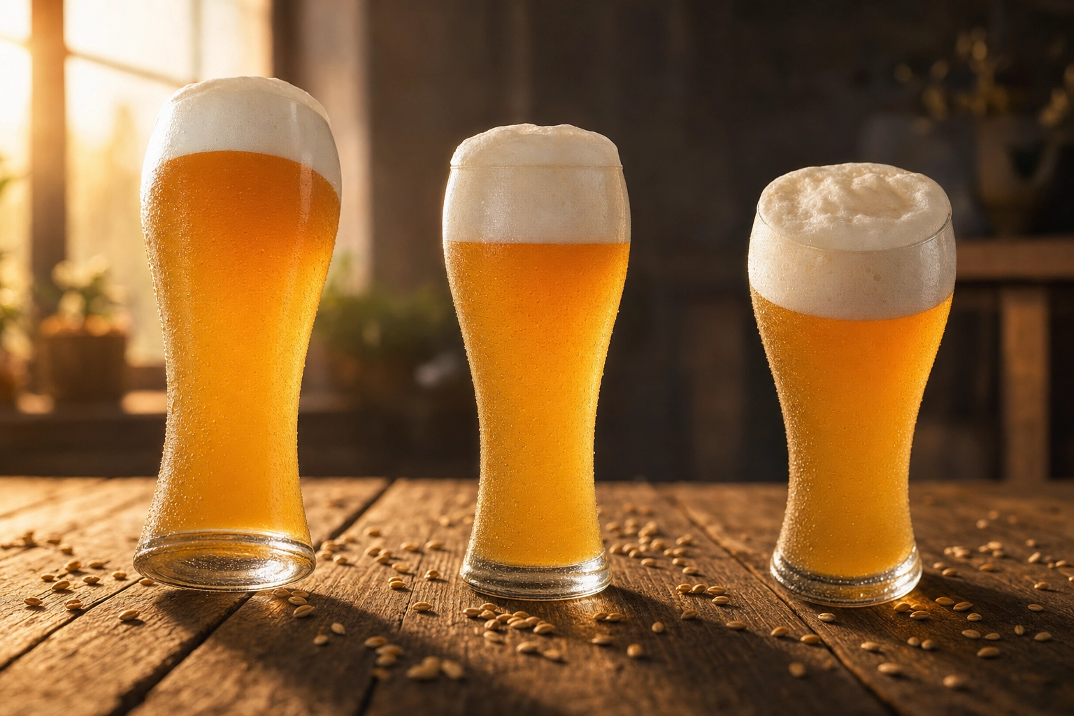 Three wheat beer glasses photographed at three different angles to demonstrate drink photography composition techniques