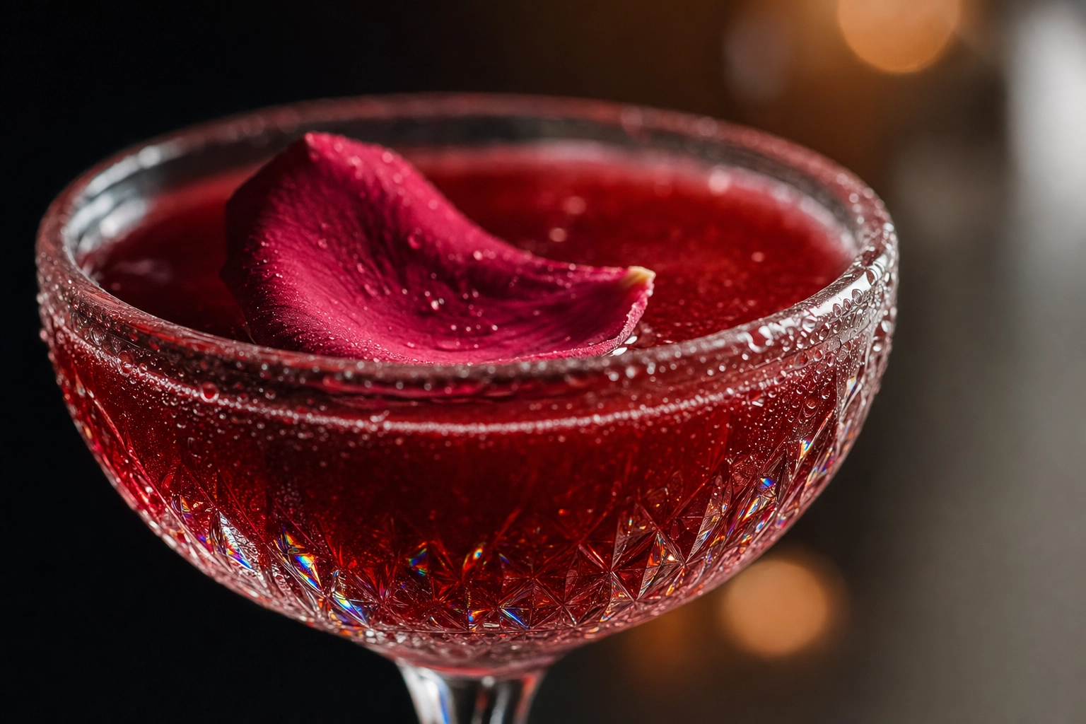 Macro close-up of pomegranate mocktail in crystal coupe glass with condensation droplets and floating rose petal — drink photography editing detail focus