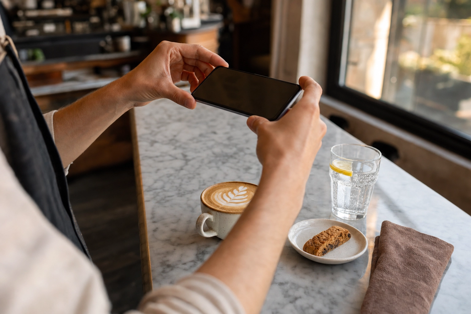 Hands holding a smartphone photographing a freshly poured cappuccino with latte art on marble counter — illustrating phone-based drink photography workflow