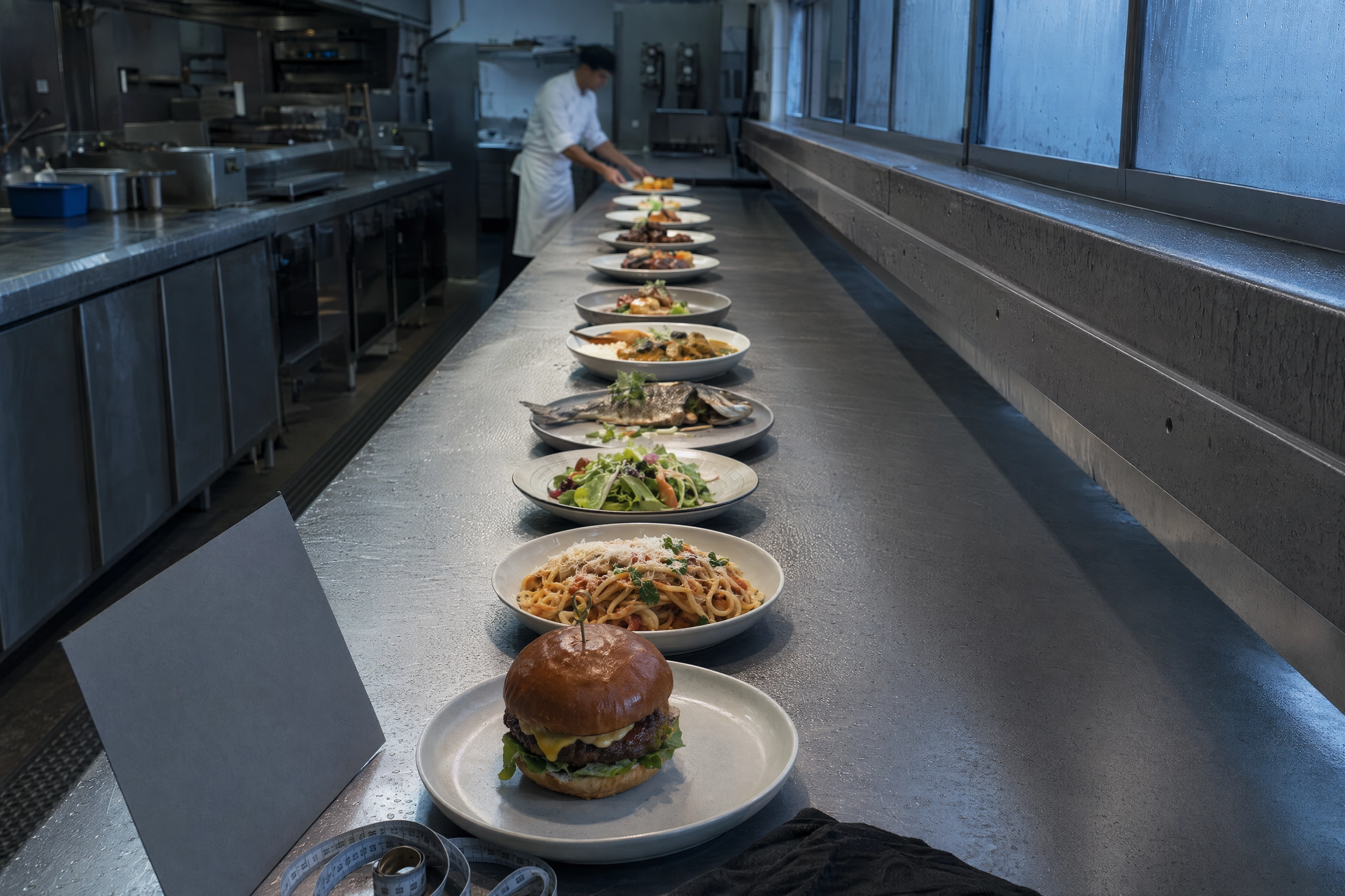 Twelve plated dishes lined up on a stainless kitchen pass with a grey card, ready for a full menu photography shoot day