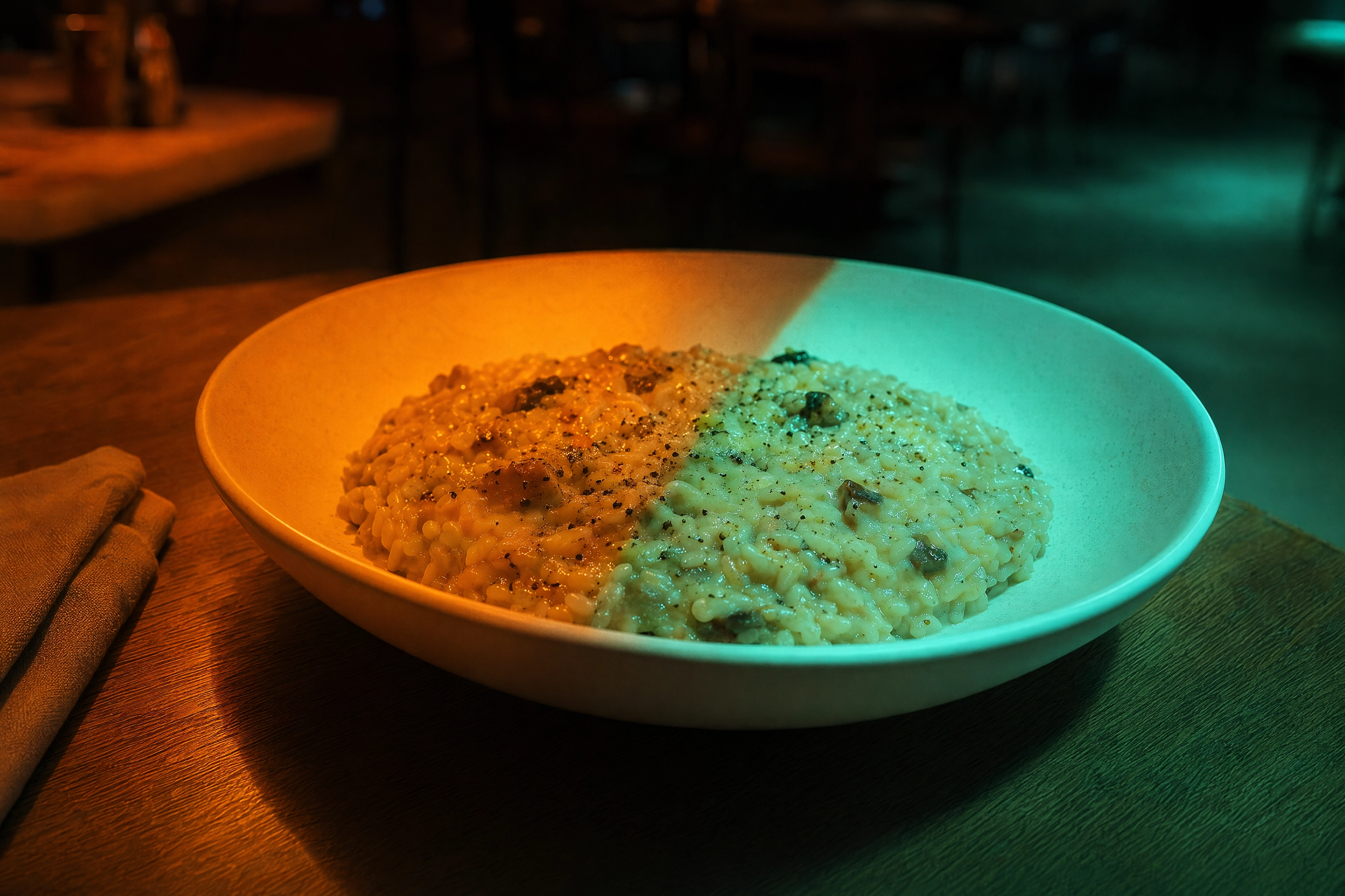 Bowl of risotto split between orange tungsten and green LED light, showing mixed restaurant lighting white balance problems