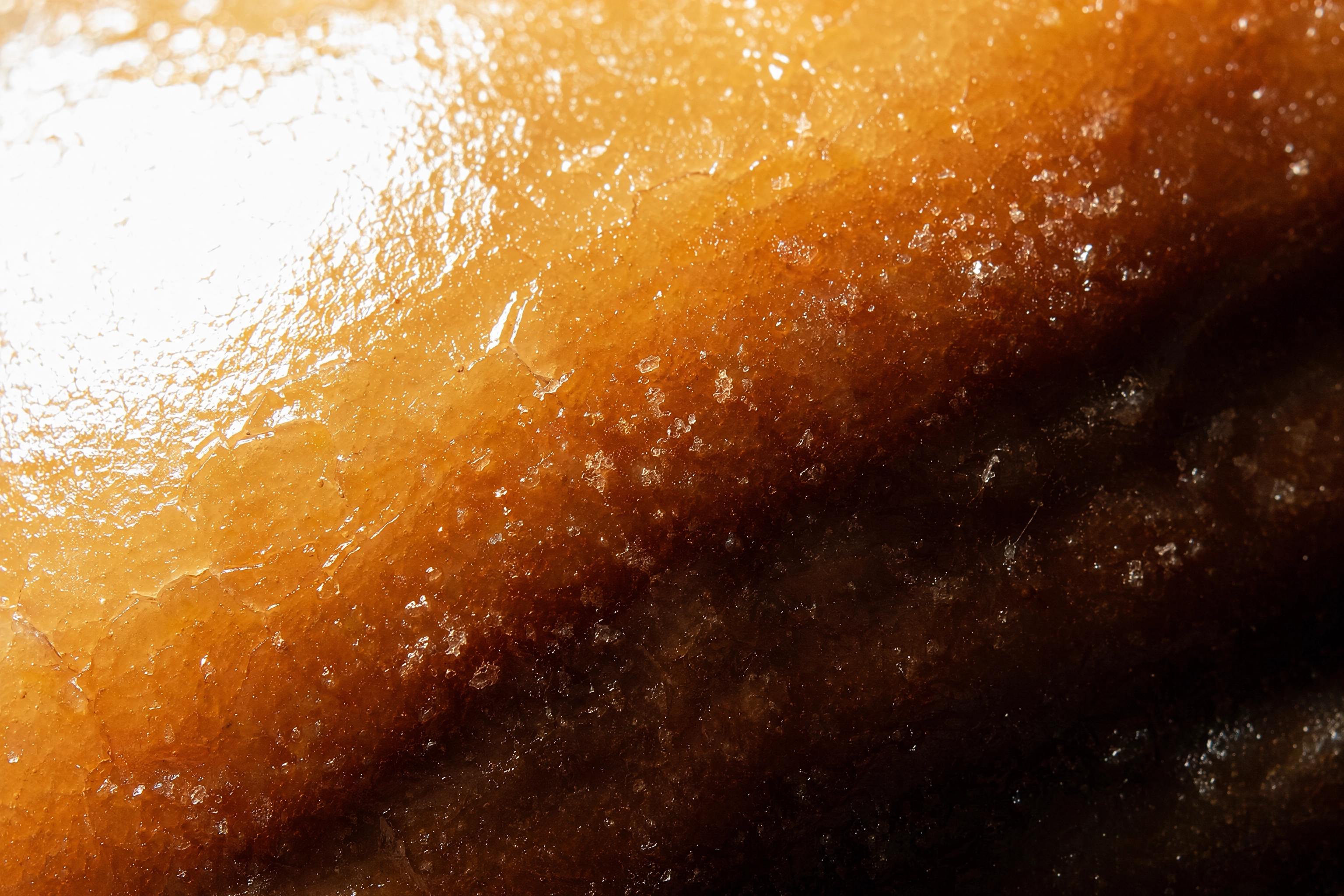 Macro of glazed doughnut surface from blown highlight to deep shadow, illustrating the tonal range a RAW file records