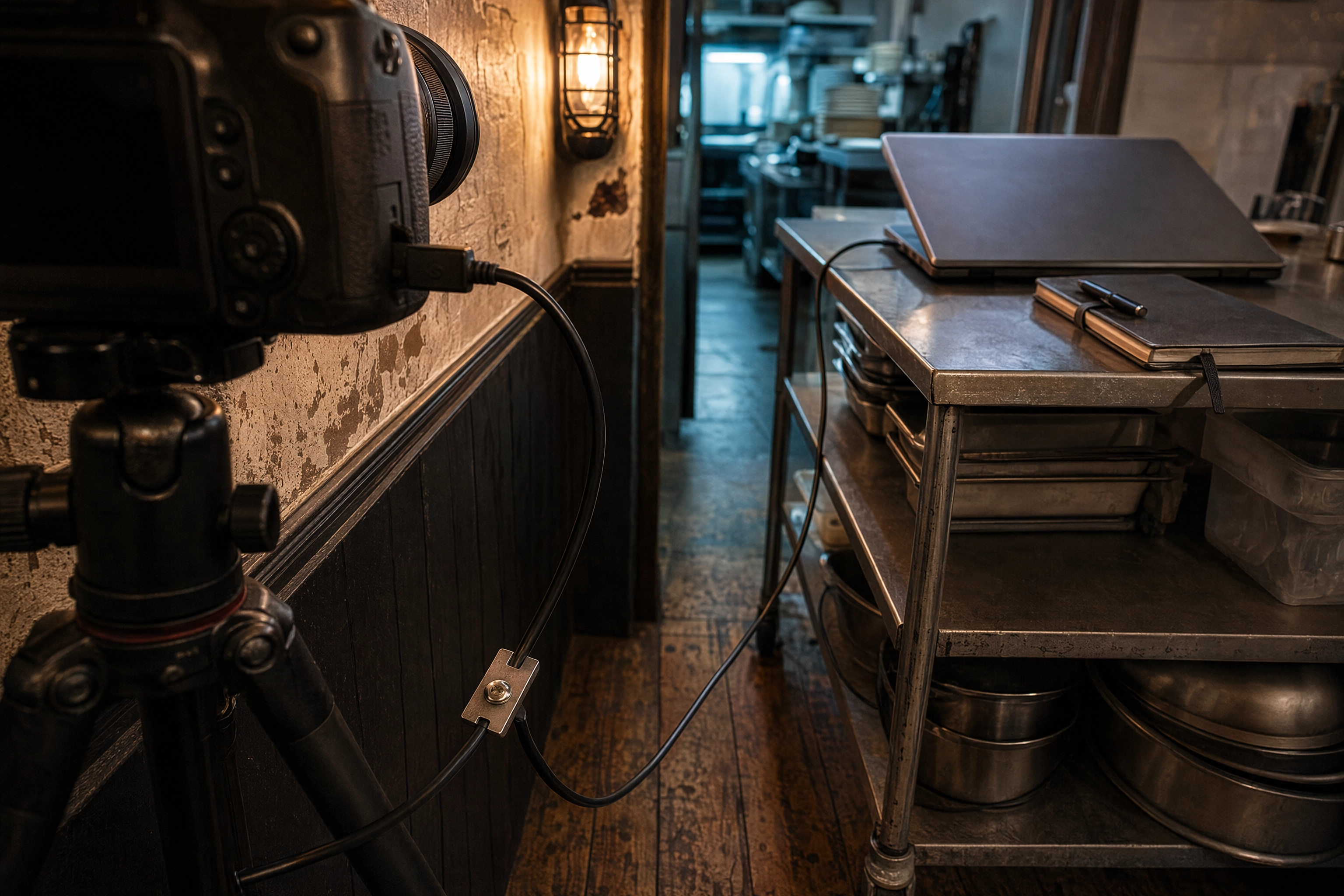 Tether cable running from a DSLR on a tripod through a clamp to a laptop cart, the tethered shooting setup for menu work