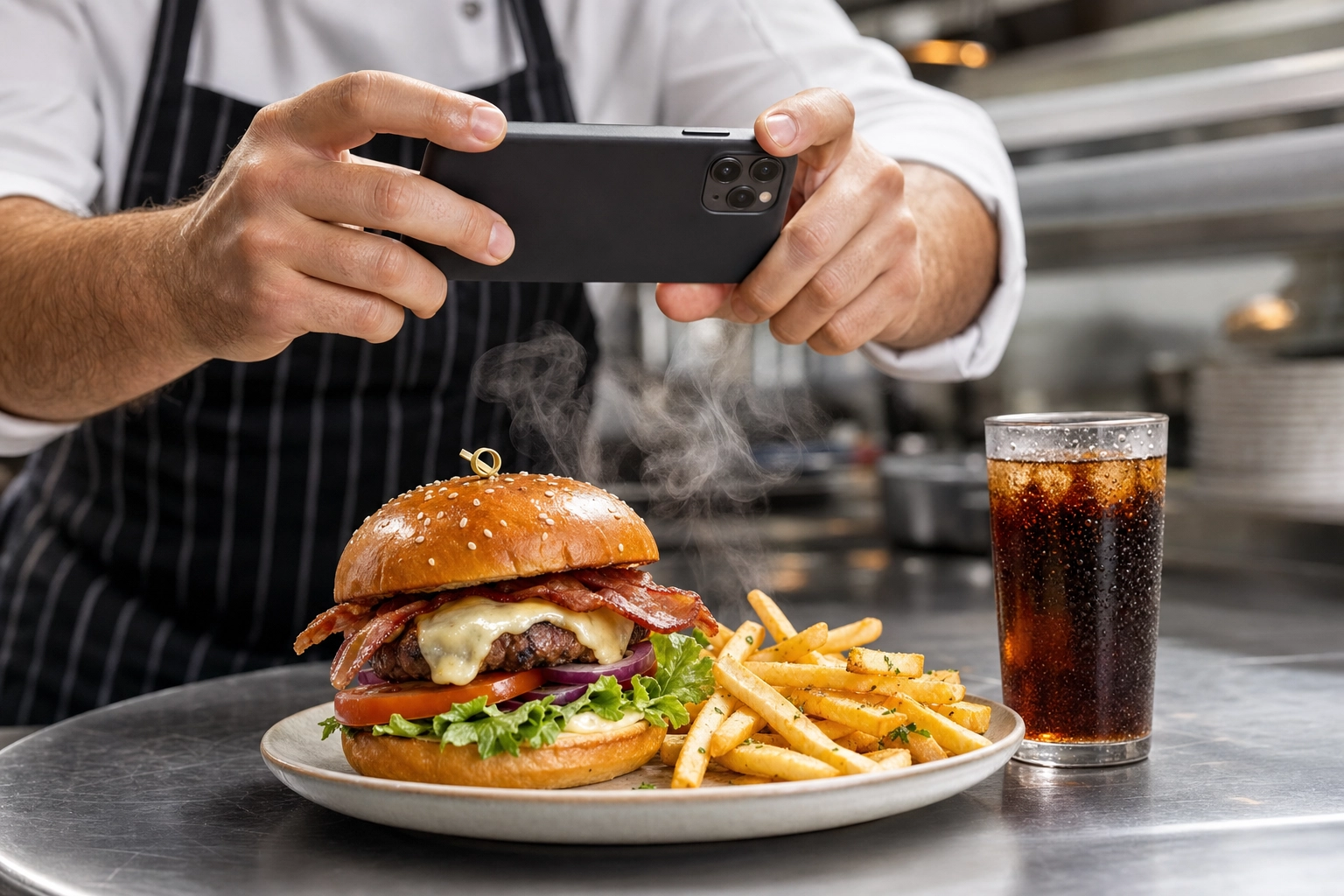 Chef photographing a plated burger on a phone, the fast AI food photography alternative in Dubai