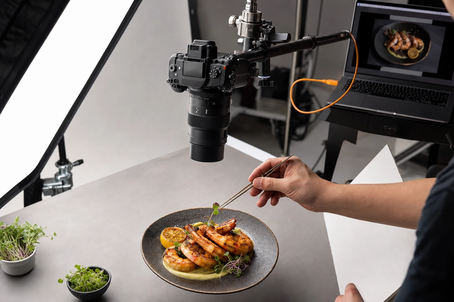 Professional food photography shoot in a Dubai studio with a stylist placing garnish on a plate