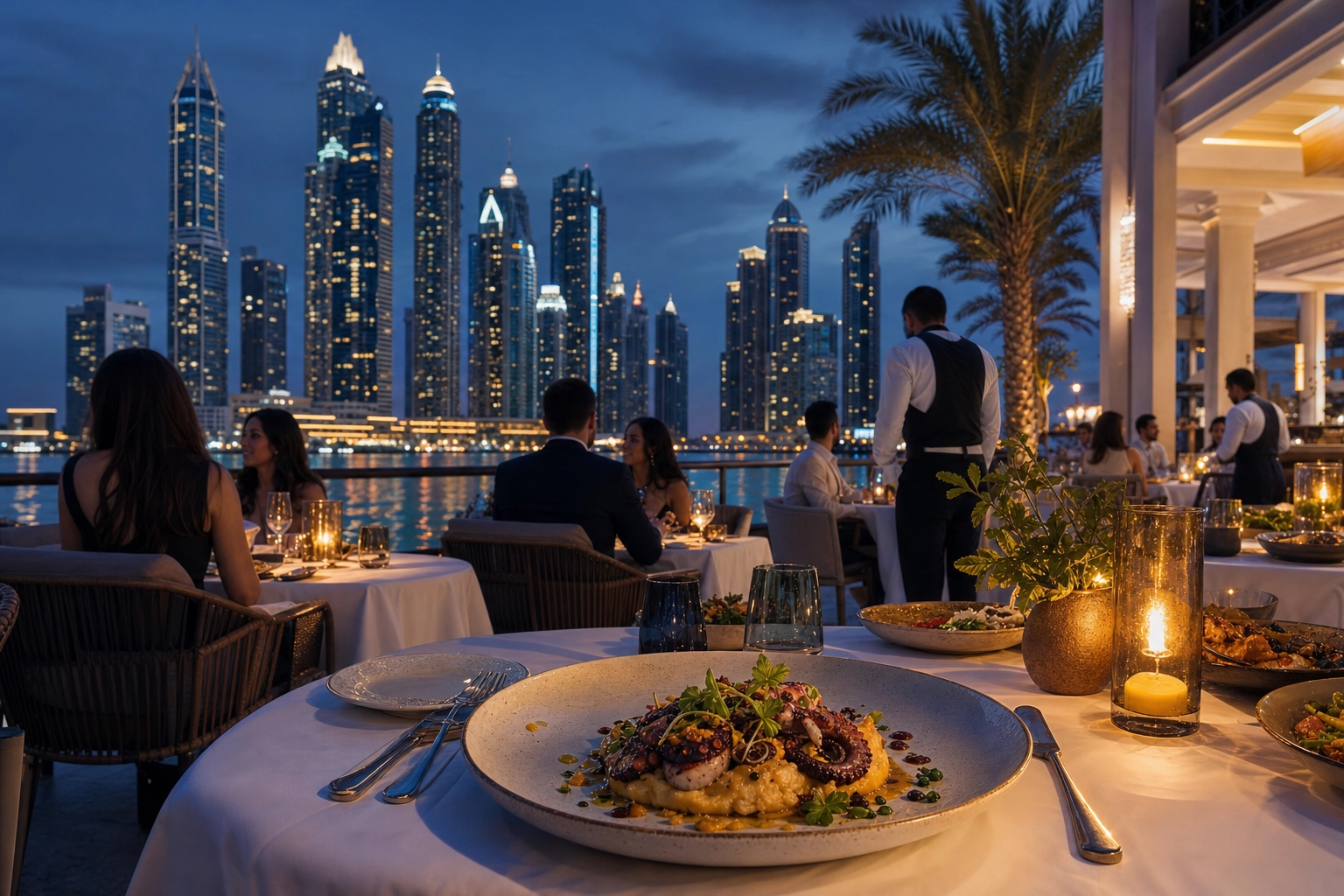 Dubai hotel restaurant terrace at dusk showing the city's dense dining and food photography market