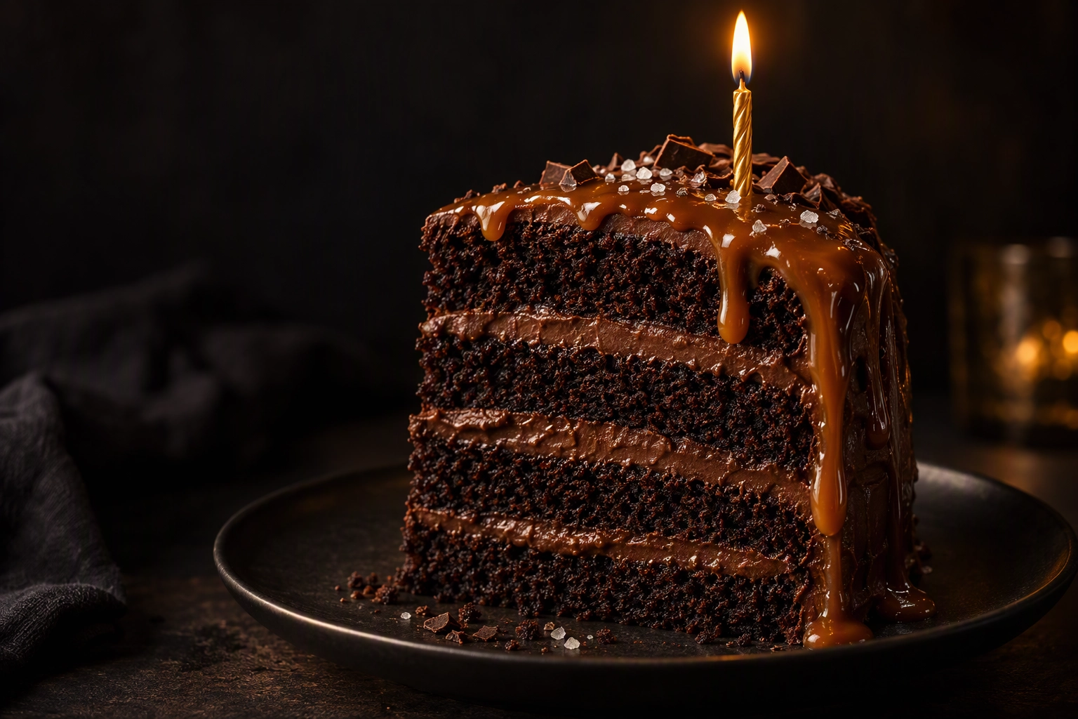 Dark chocolate cake slice with one lit gold candle on a black plate, a tight crop for a restaurant birthday email