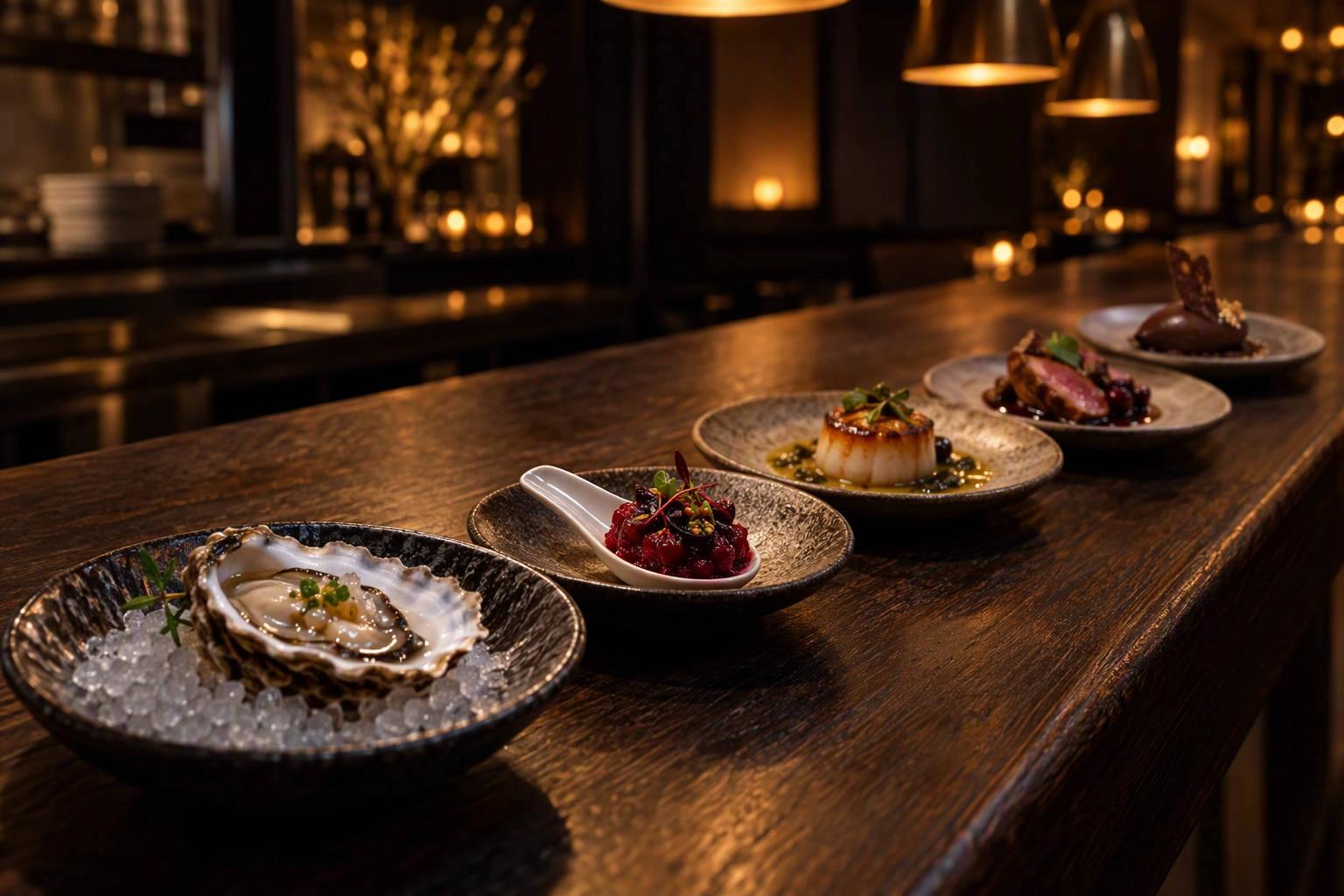 Five tasting menu courses in serving order receding along a chef counter, the course lineup photo for an event invite email