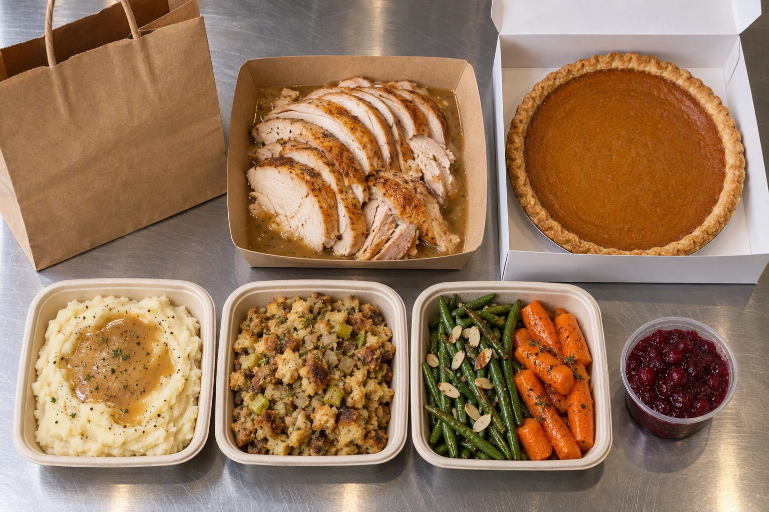 Overhead of a Thanksgiving pre-order package in takeout containers: sliced turkey, sides, cranberry and pumpkin pie