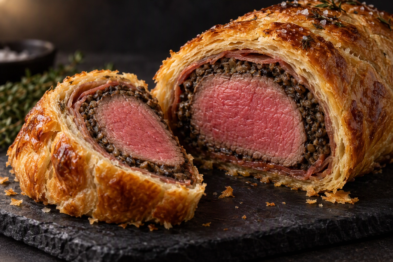 Beef Wellington sliced to show pink tenderloin, mushroom duxelles and pastry layers, a cross-section shot for a new dish email