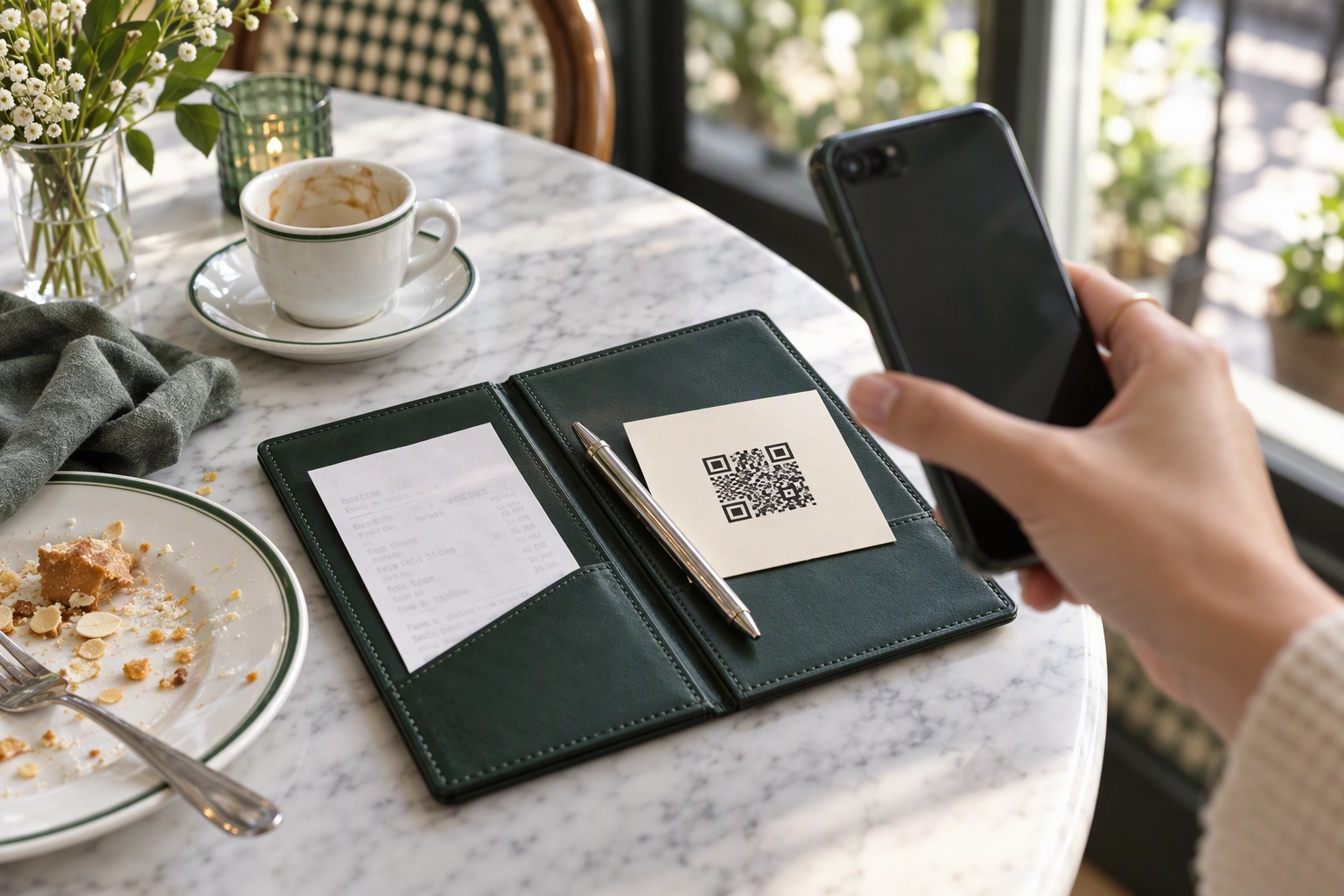 Open leather check presenter with a small QR signup card and pen beside an espresso, building a restaurant email list