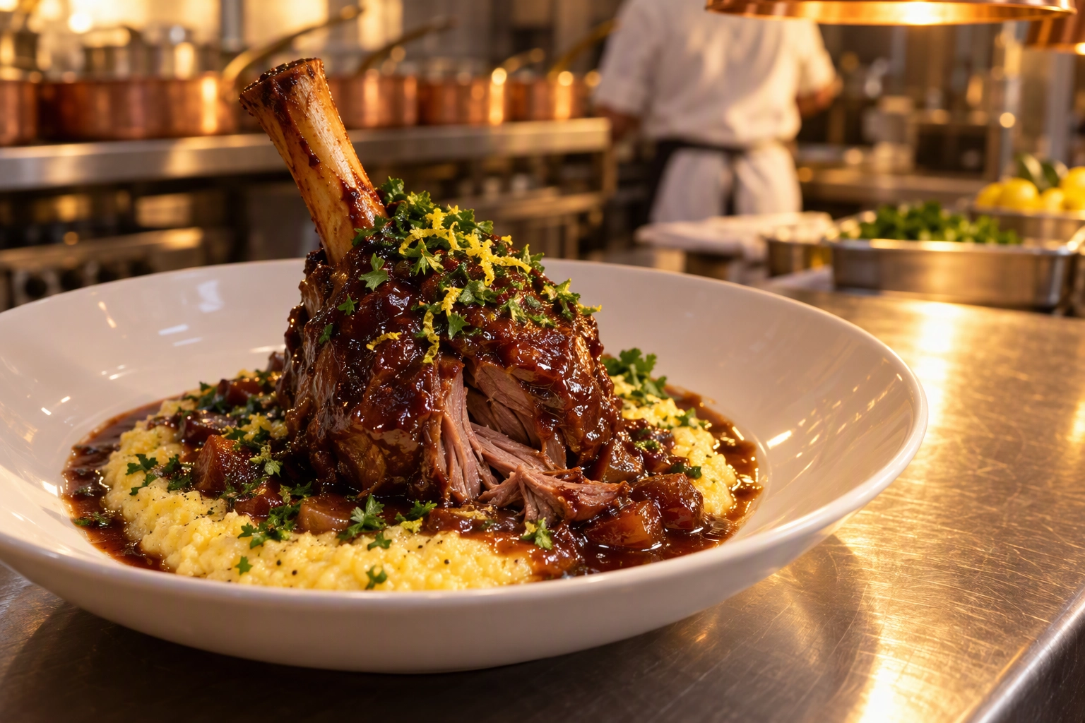 Braised lamb shank on soft polenta with gremolata on a steel kitchen pass, this week's special for a weekly restaurant email