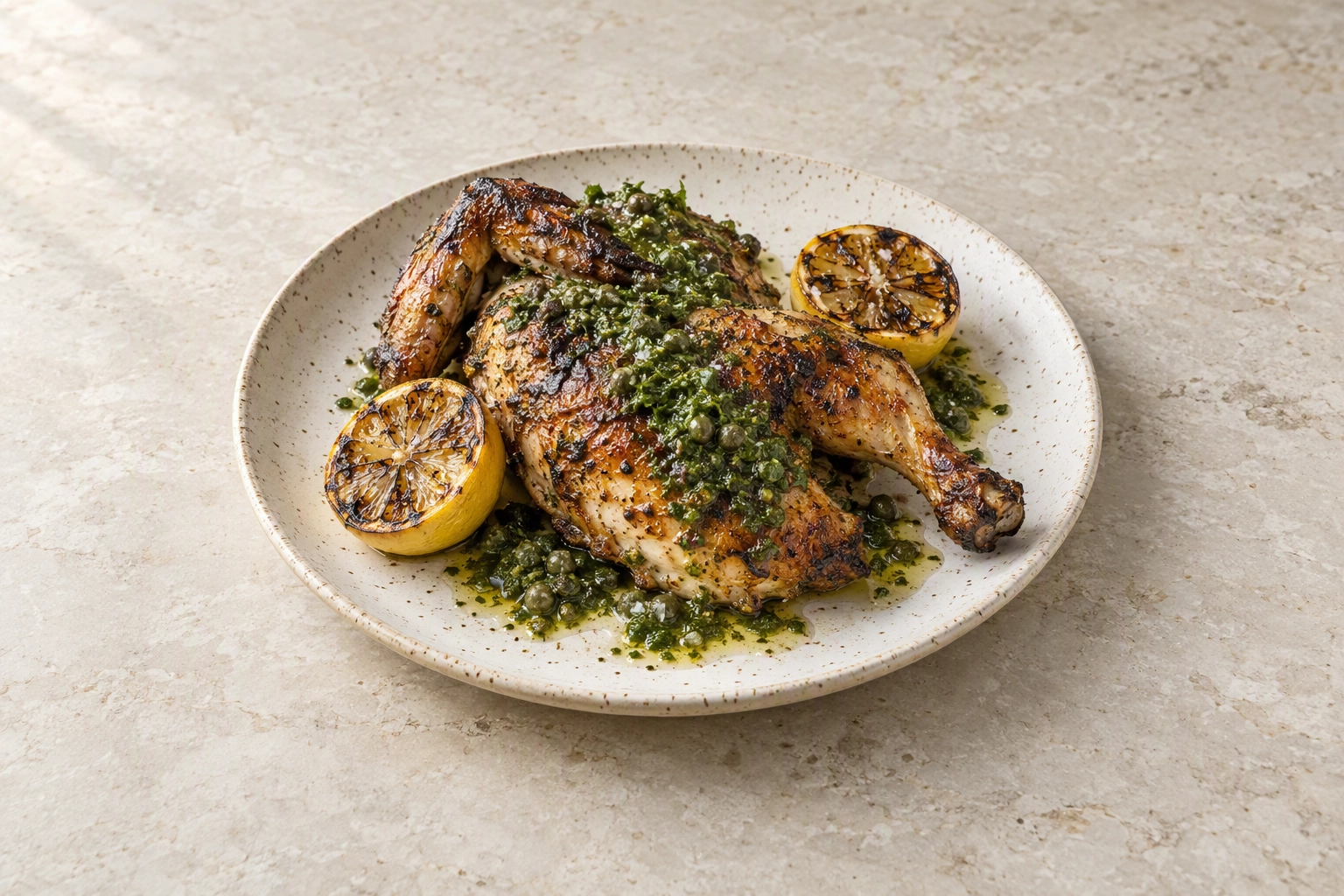 Charred half chicken with salsa verde shot at 45 degrees and centred with even margins, a welcome email header photo