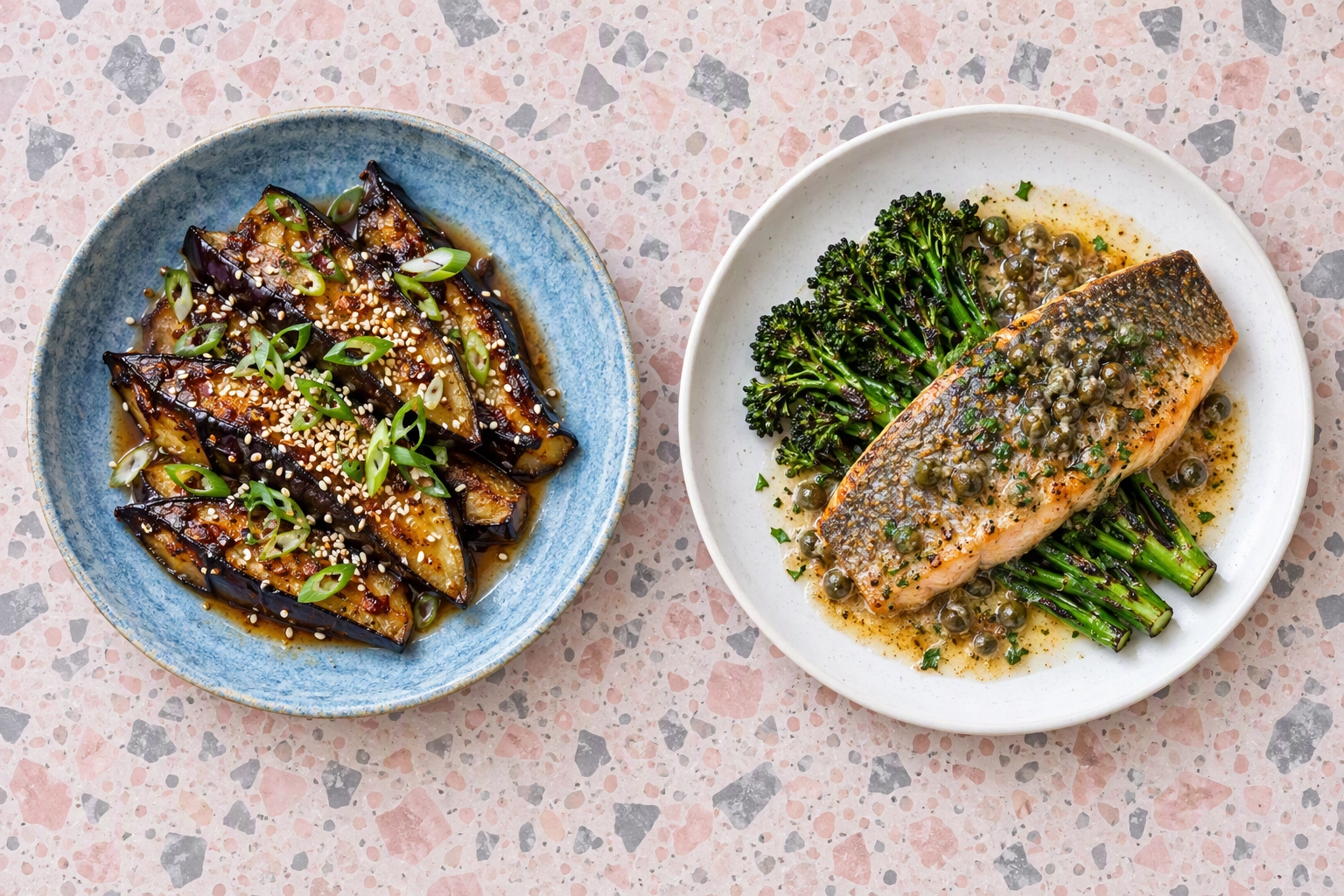 Miso-glazed eggplant and crispy-skin trout side by side on one terrazzo surface, two new dishes for a win-back email