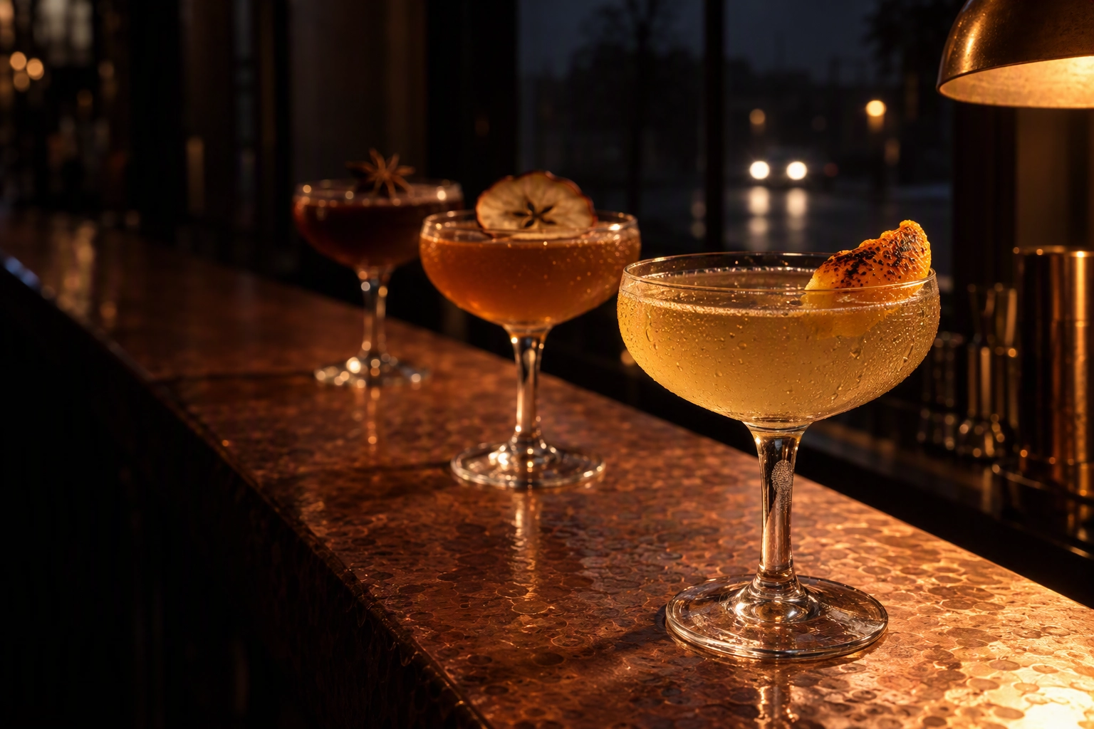 Three half-pour autumn cocktails lined up on a copper bar with a dark November evening outside