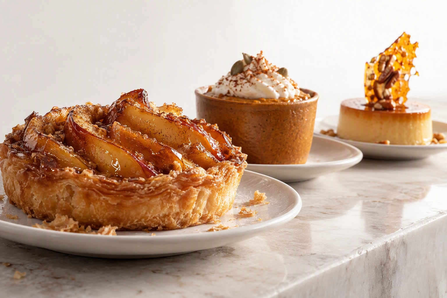 Bright low-angle menu-ready photo of an autumn dessert flight styled for a fall limited-time promotion
