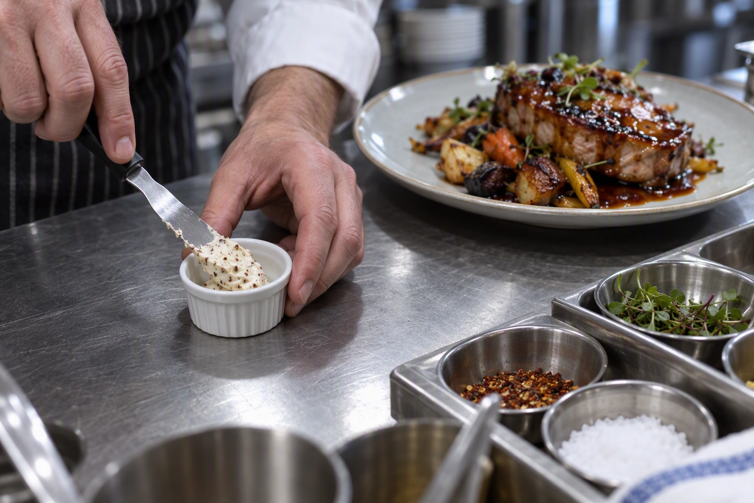 Chef portioning a low-cost dessert beside a full entree plate, the margin math behind a fall promotion bundle