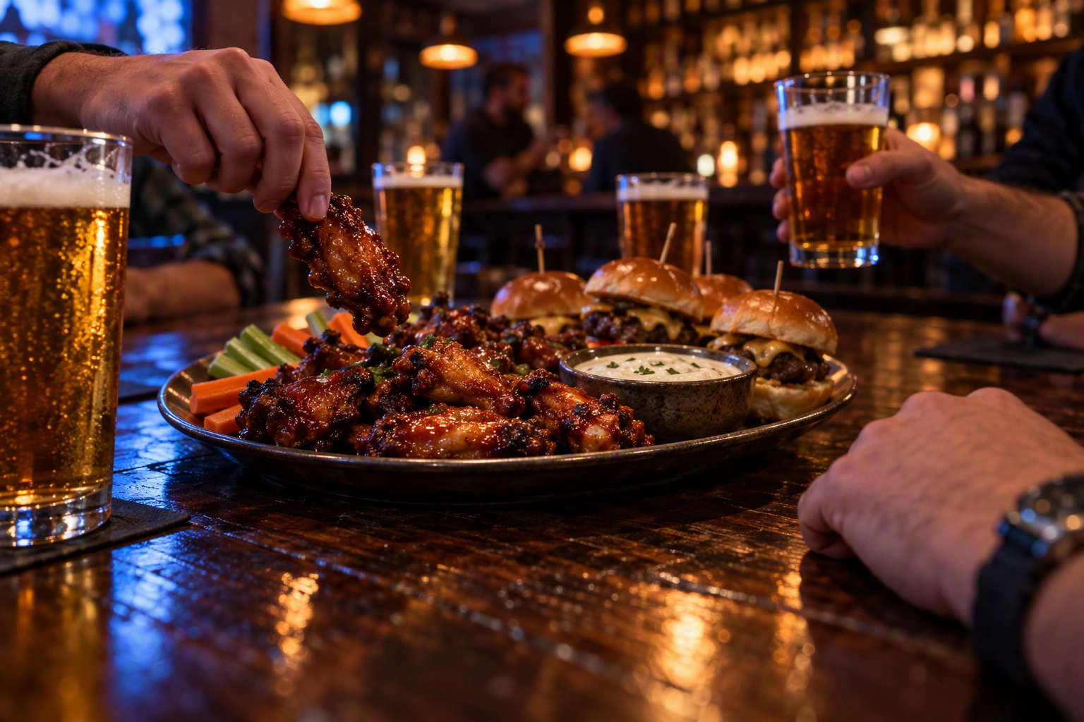 Shared game-day platter of wings and sliders on a bar top with four beers and hands reaching in