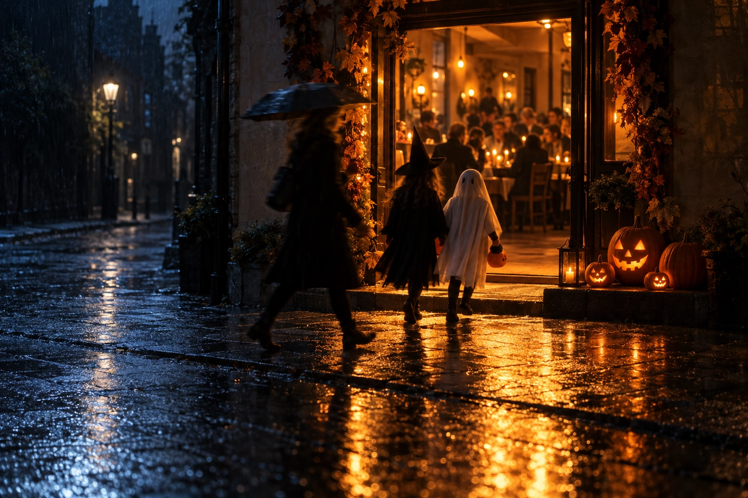 Restaurant doorway on Halloween night with carved pumpkins and warm light spilling onto the pavement