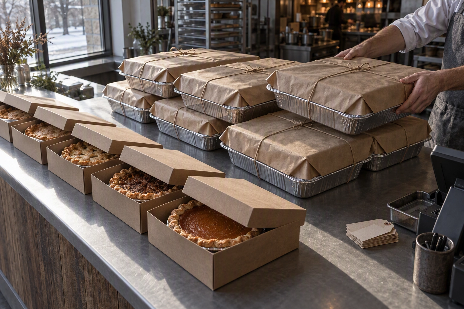 Thanksgiving pre-order collection counter stacked with wrapped holiday trays and kraft-lidded pies