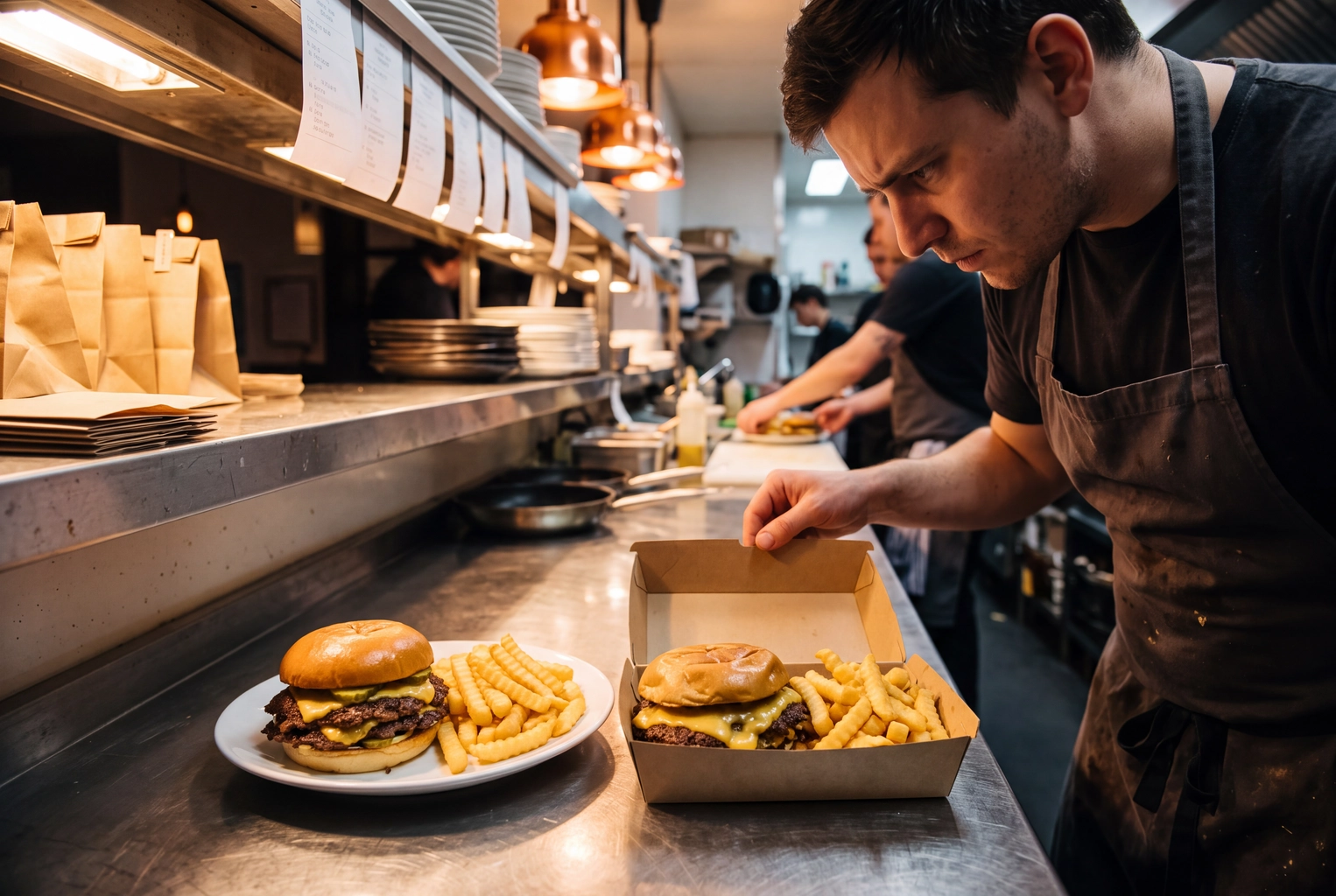 Cook comparing a plated burger with the same order in a takeout box, checking a delivery food ad matches reality