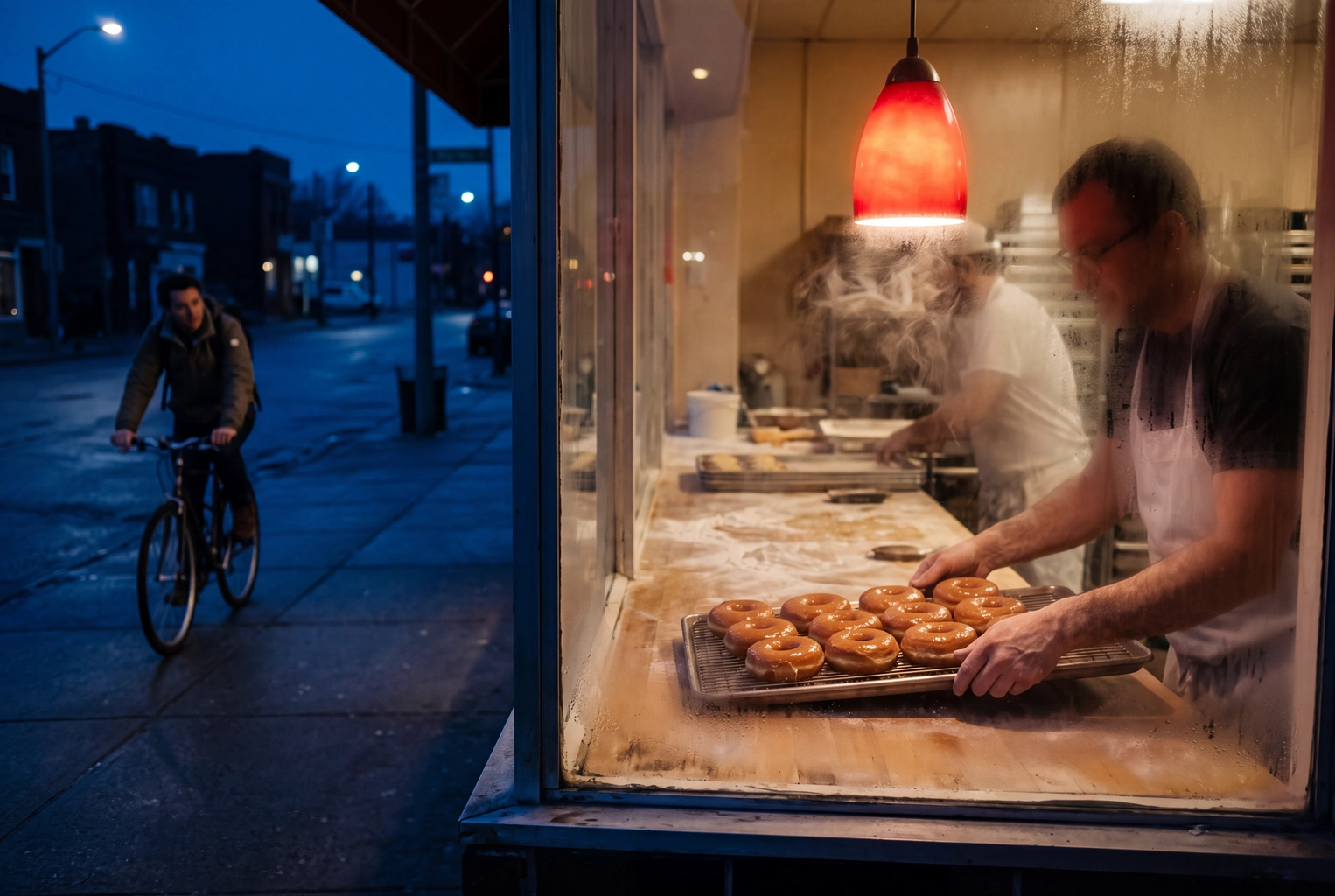 Bakery window at dawn with a glowing lamp and a fresh rack of glazed doughnuts, a small-budget outdoor food ad