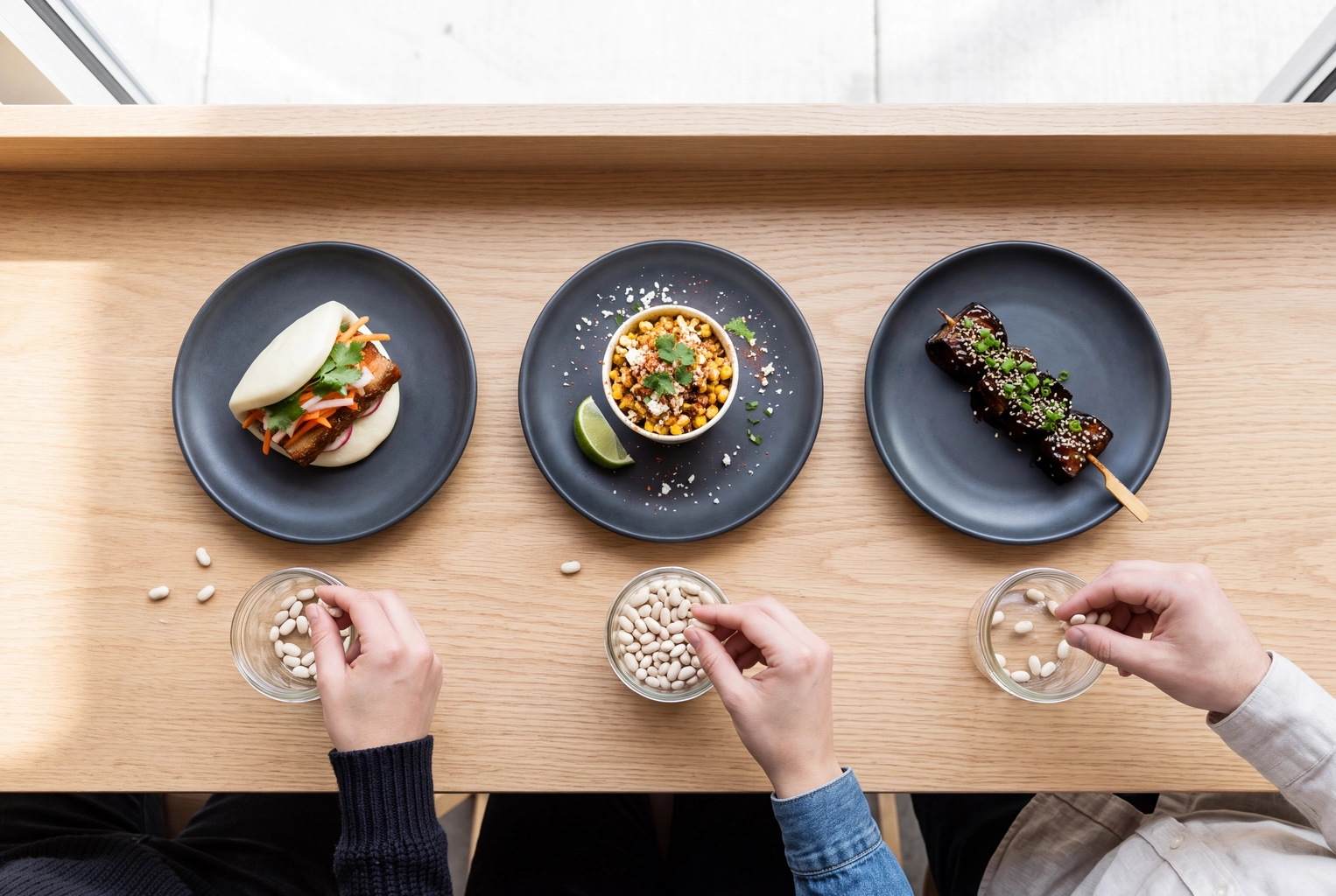 Three candidate specials shot identically beside bean-vote jars, a follower-vote food ad idea for restaurants