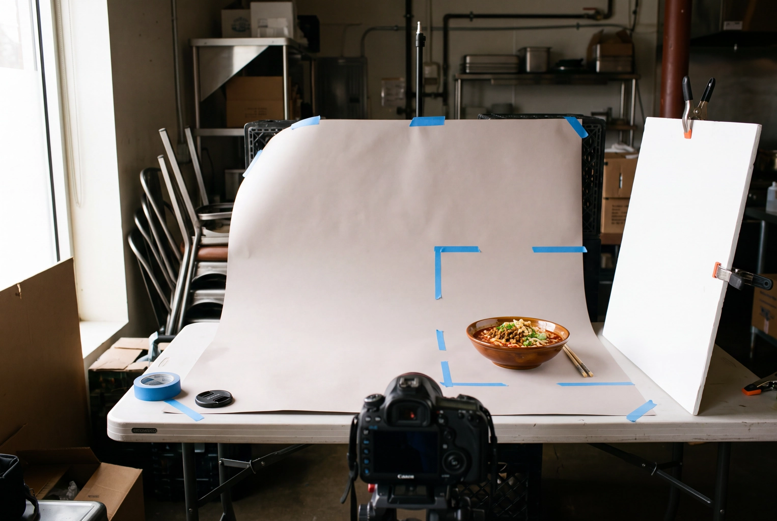Tabletop food photo setup with noodles in the right third and empty space left for headline text in a food ad