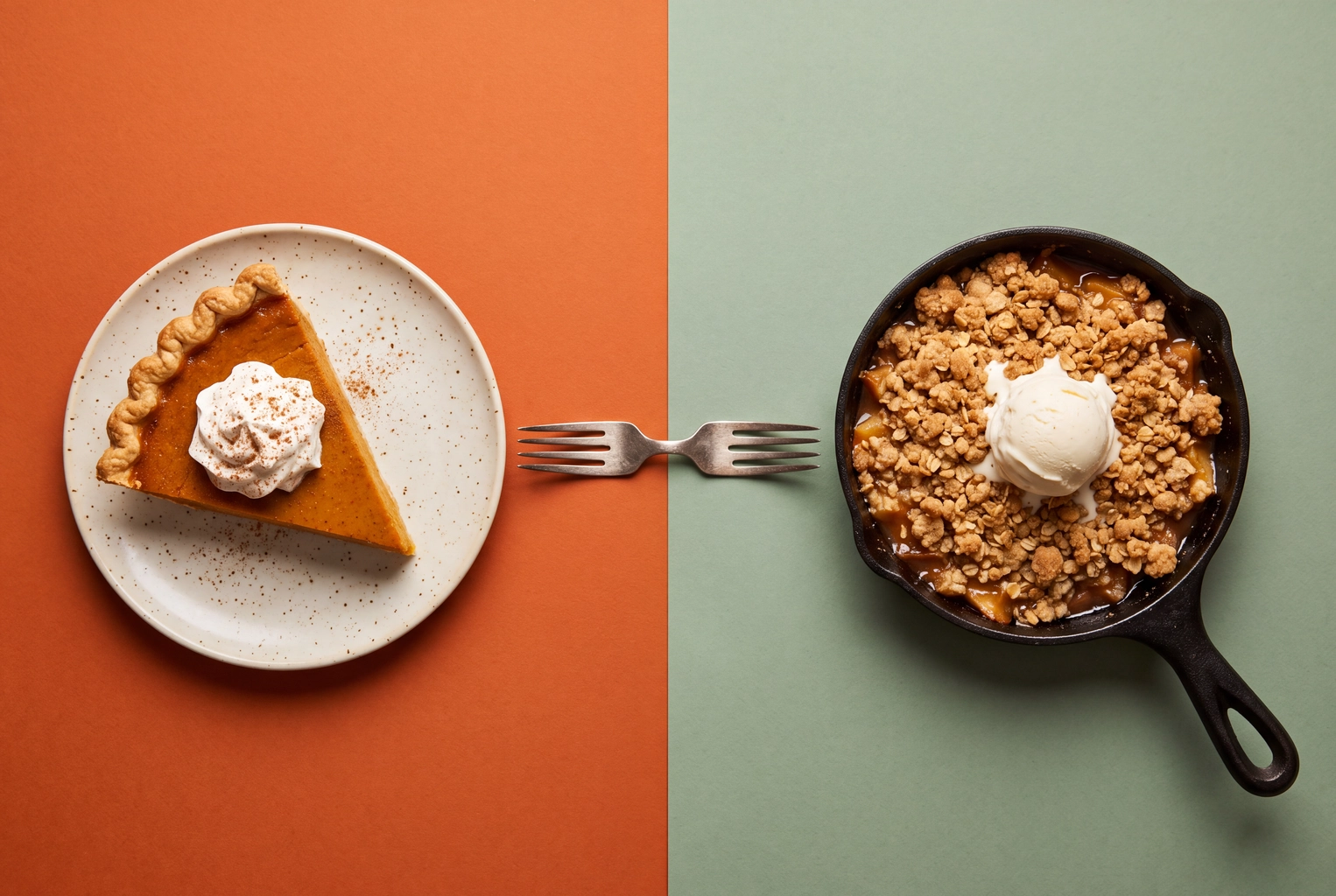 Pumpkin pie versus apple crumble on split orange and green backdrops, a choice-led seasonal email food ad