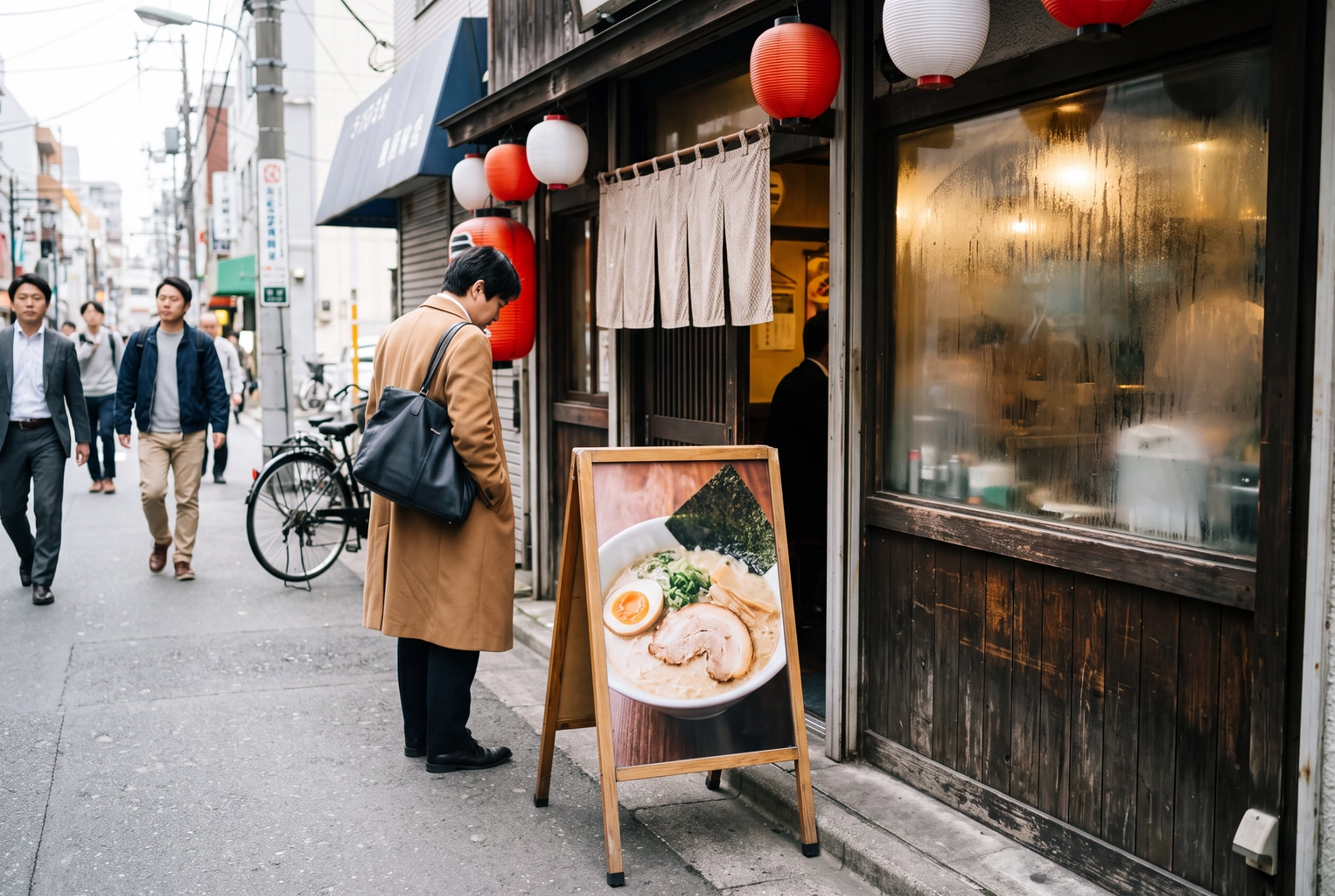 Sidewalk A-frame sign with a large ramen photo outside a noodle bar, a low-cost food ad a small restaurant can copy