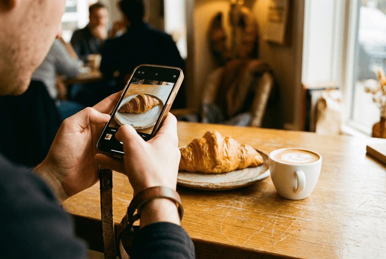 Majitelka kavárny fotografuje čerstvý croissant smartphonem pro úpravu pozadí a fotky do jídelního lístku