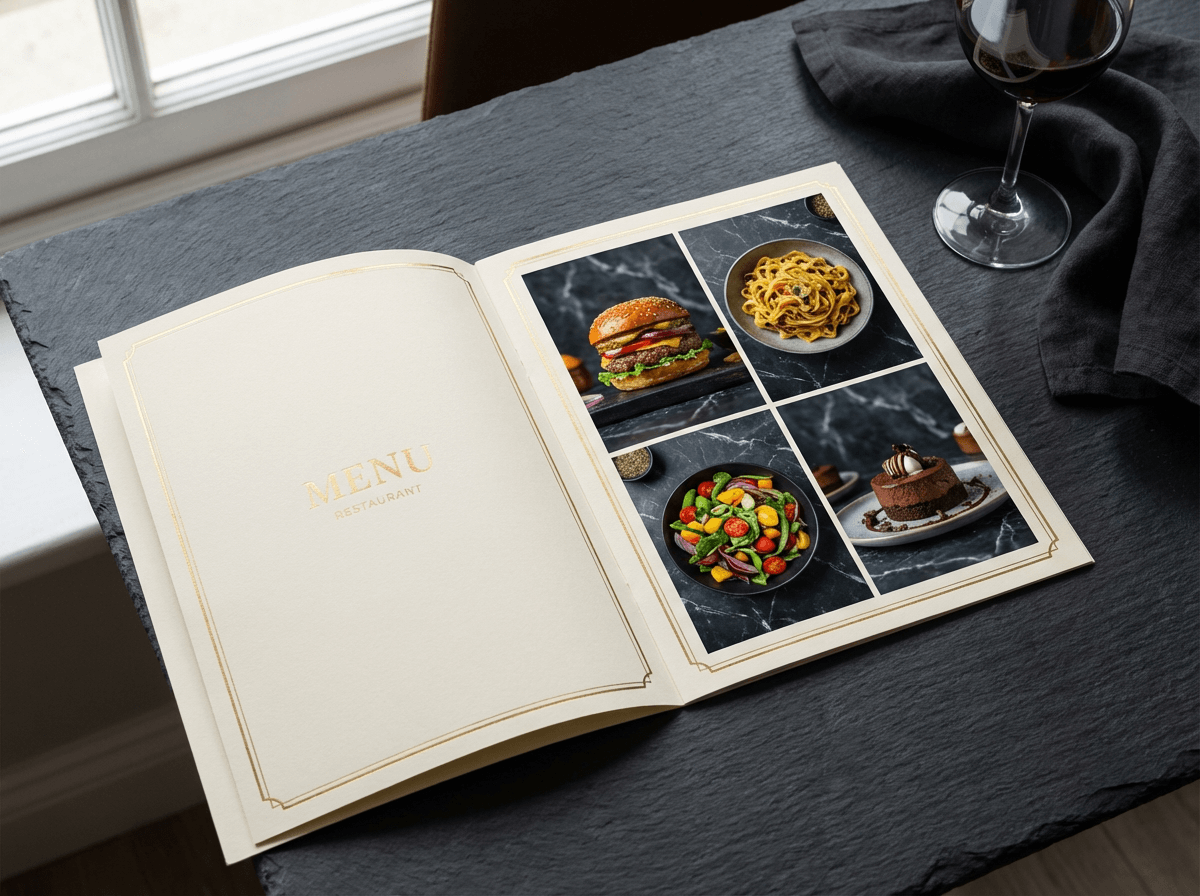 Tištěný jídelní lístek restaurace s konzistentním fotografickým pozadím napříč více jídly pro profesionální prezentaci