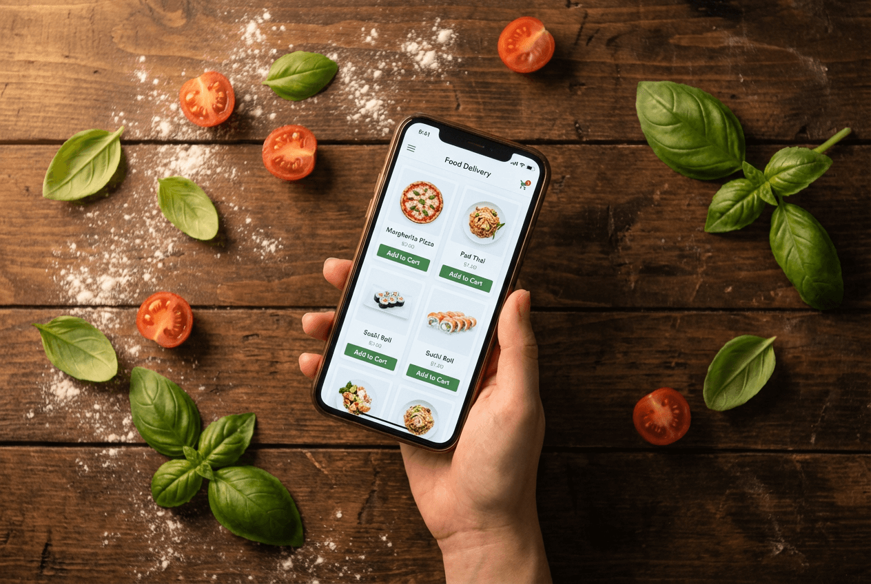 Nabídka doručovací aplikace s čistými fotkami jídla na bílém pozadí zobrazená na smartphonu v restauračním prostředí