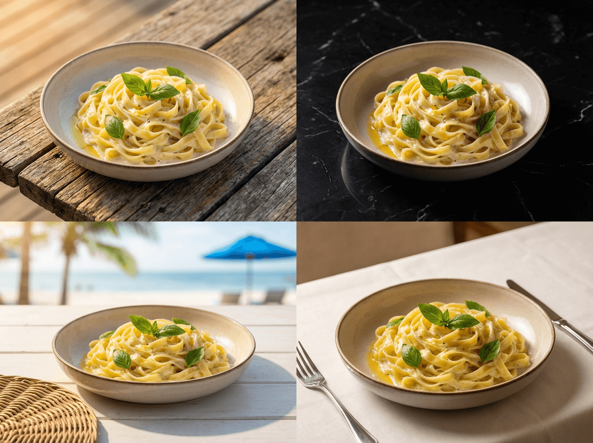 Stejné těstoviny zobrazené na čtyřech různých pozadích — od rustikálního dřeva po luxusní prostředí