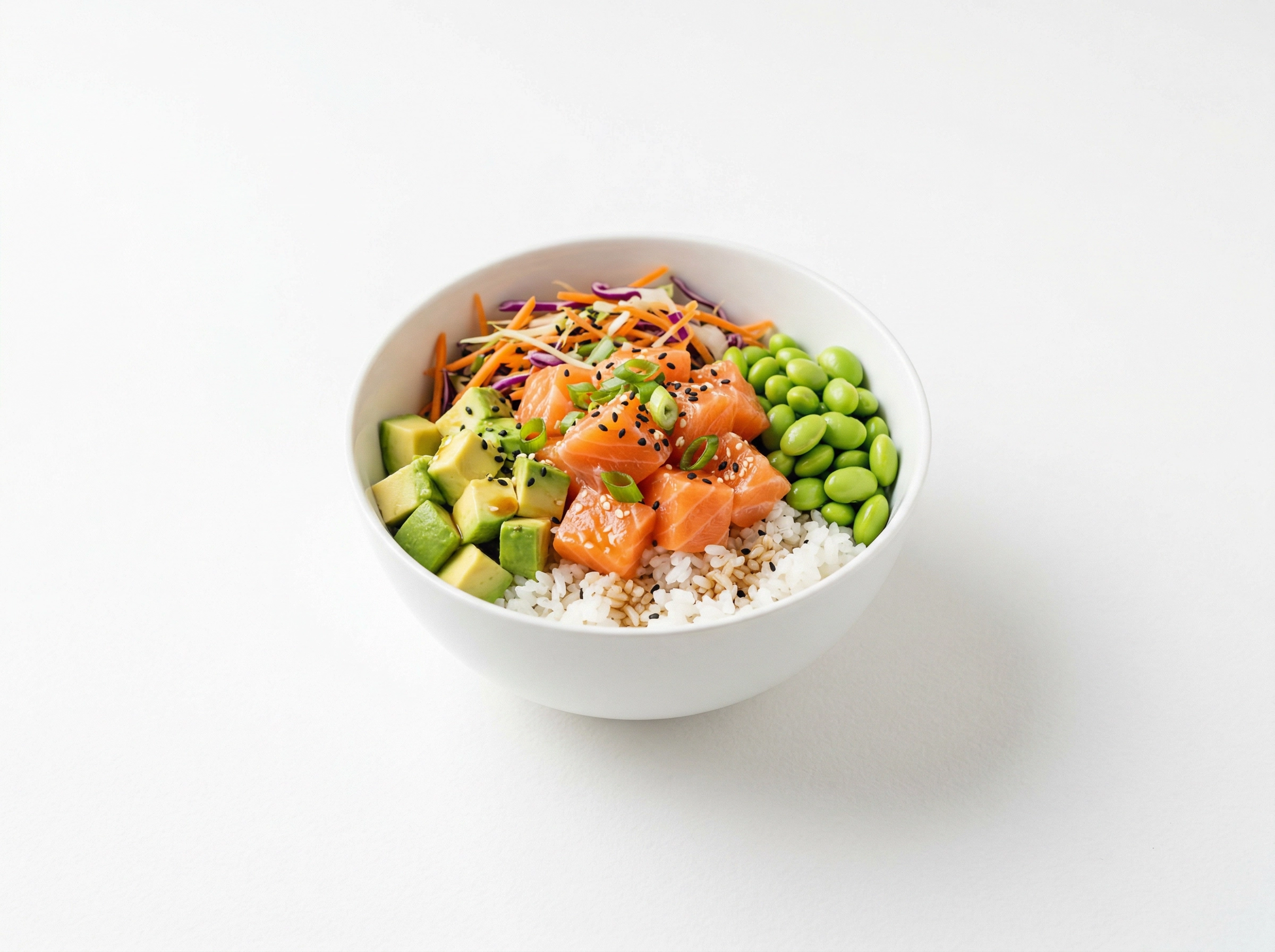 Poke bowl on clean white background demonstrating ideal food photography style for delivery app listings