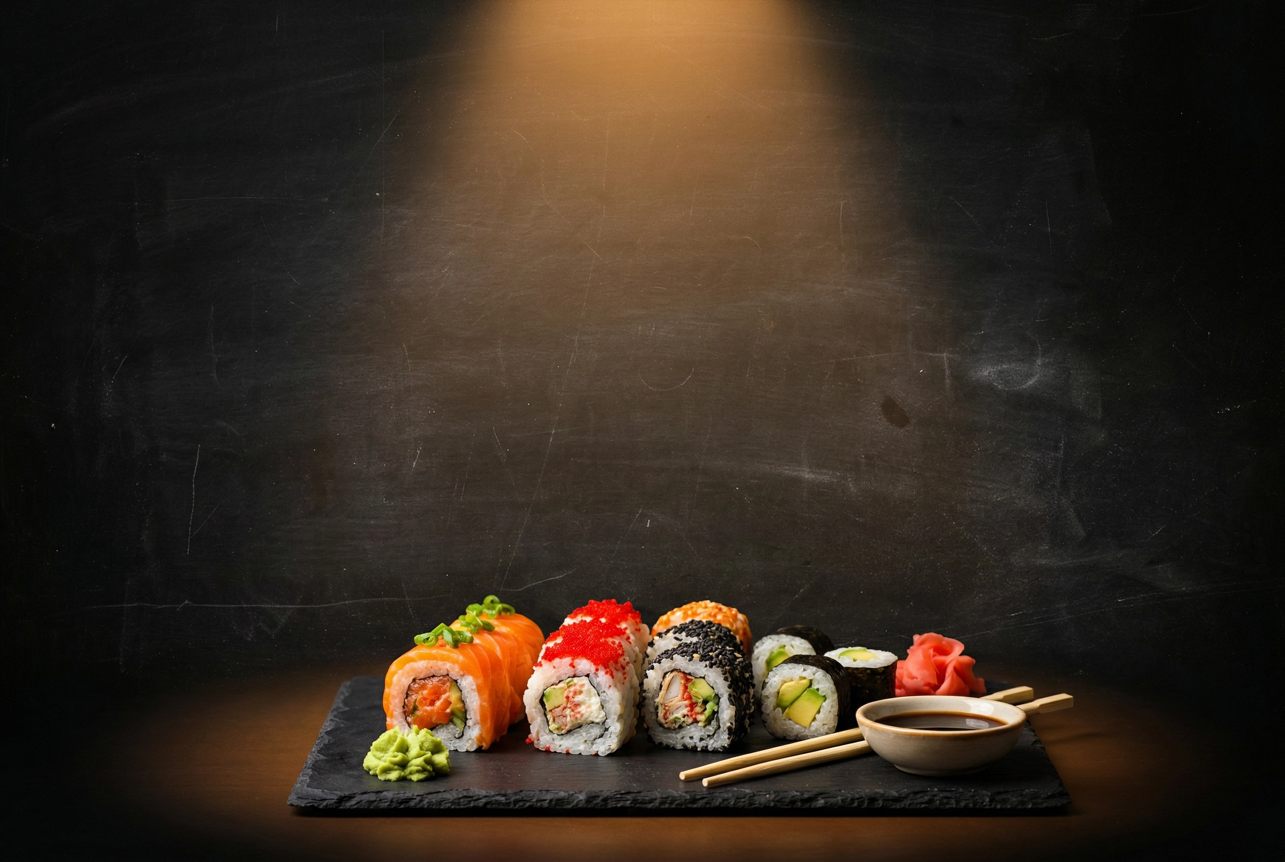 Dramatic dark chalkboard food background with sushi platter for bold restaurant marketing poster design