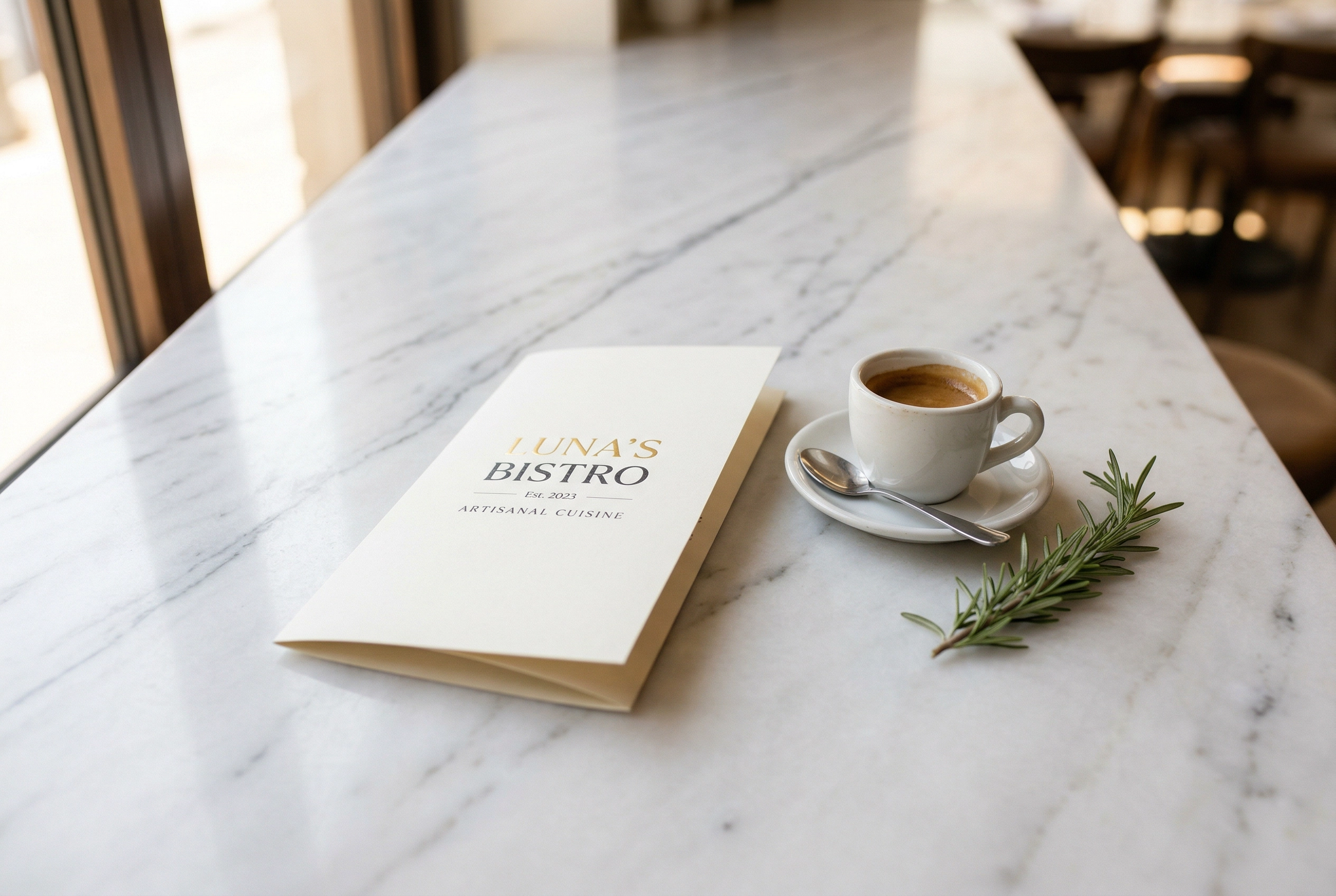 White marble countertop with restaurant menu showing subtle food background texture ideal for menu design