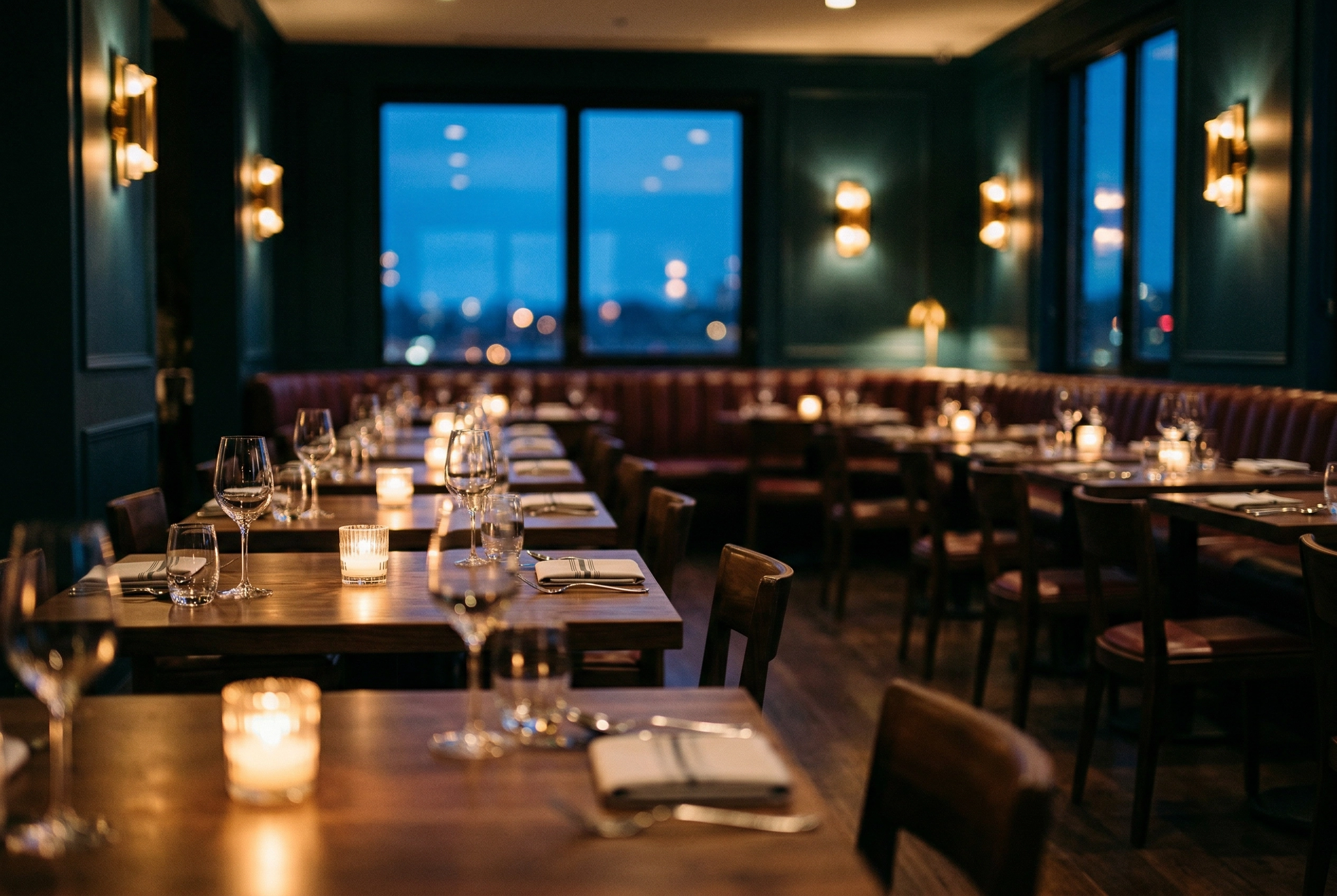 Moody fine dining restaurant interior with bokeh lighting ideal for restaurant website hero background image