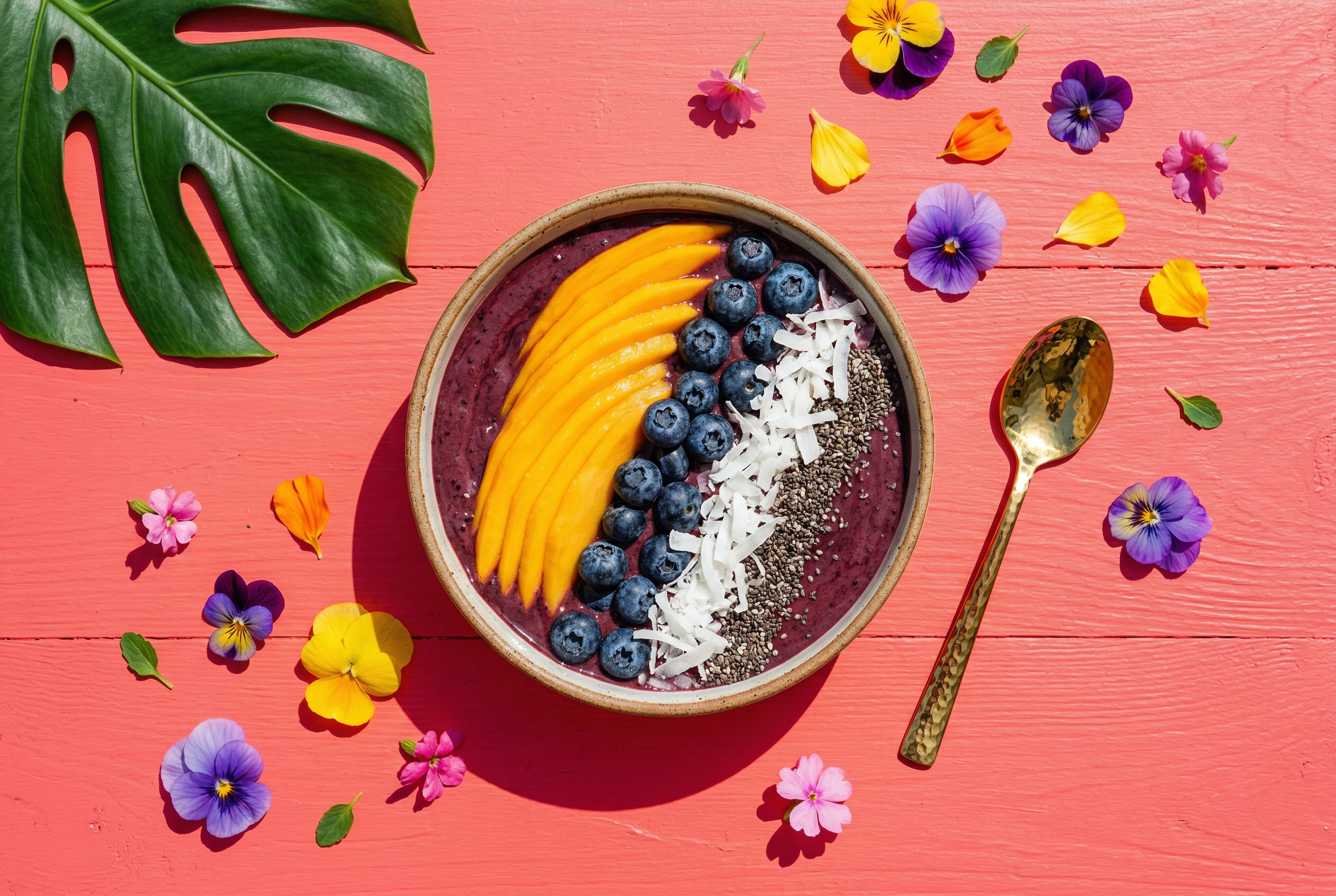 Vibrant acai bowl on coral-pink background showing Instagram-style food photography for social media content
