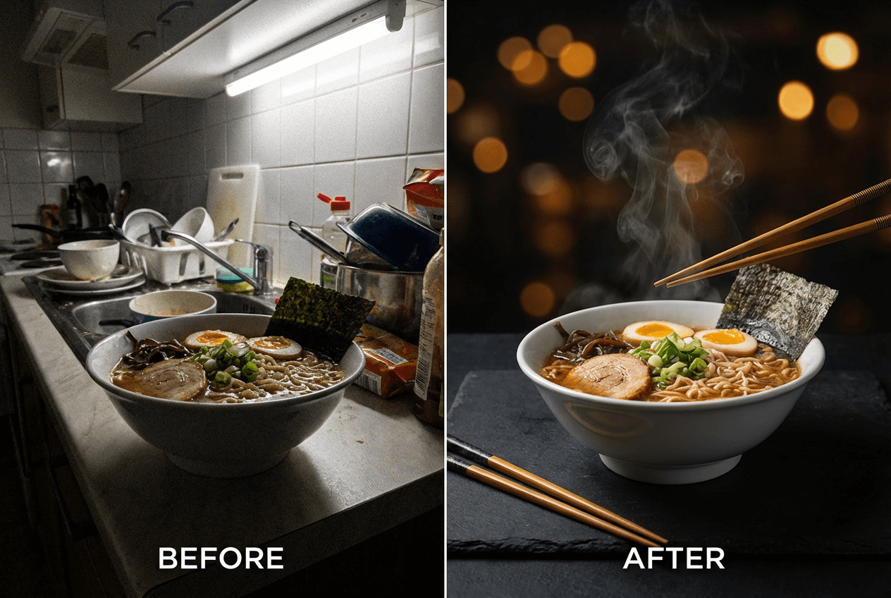 Before and after AI food photography transformation showing ramen bowl from amateur smartphone to professional quality