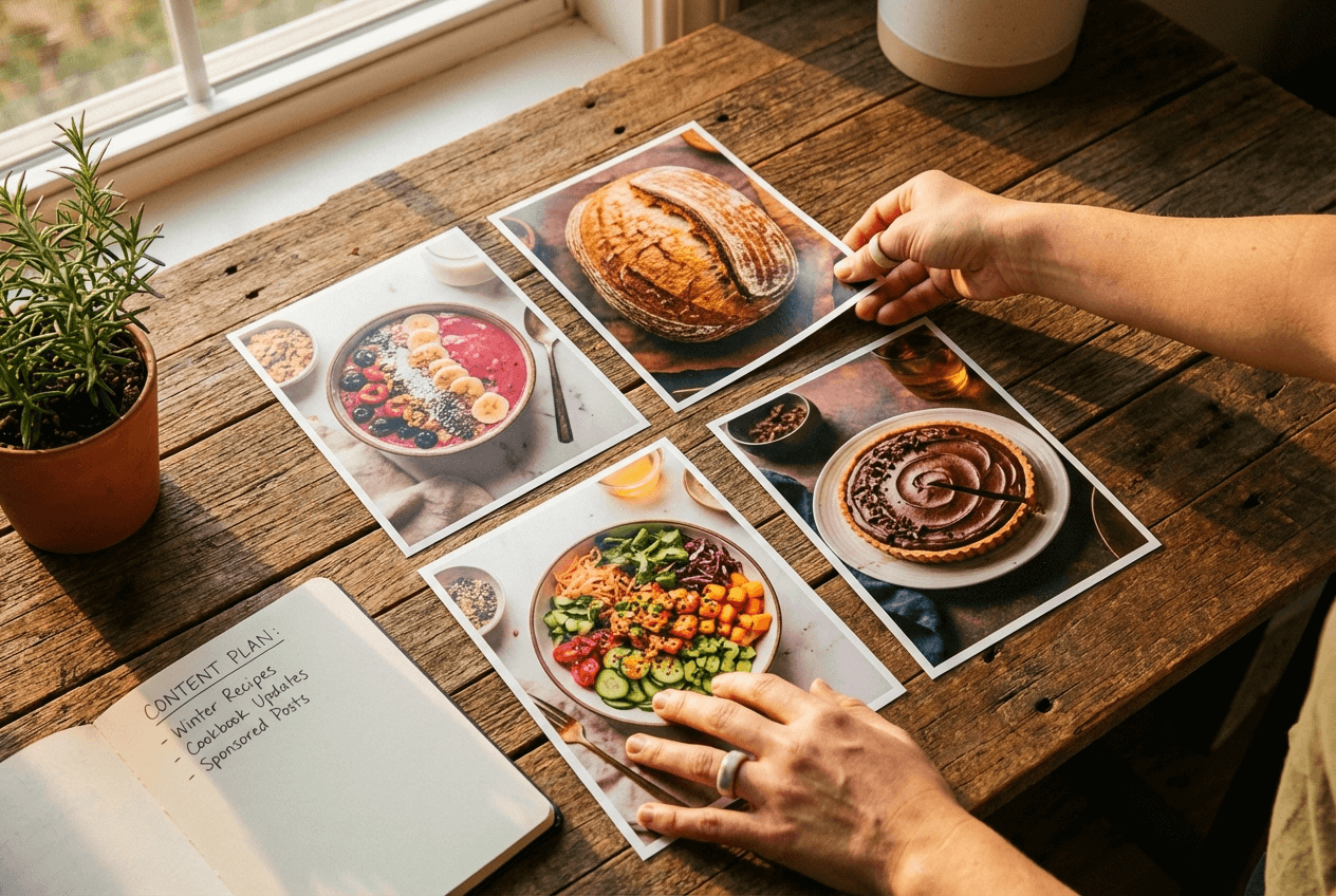 Food blogger reviewing consistently styled food photos showing brand visual consistency across multiple dishes