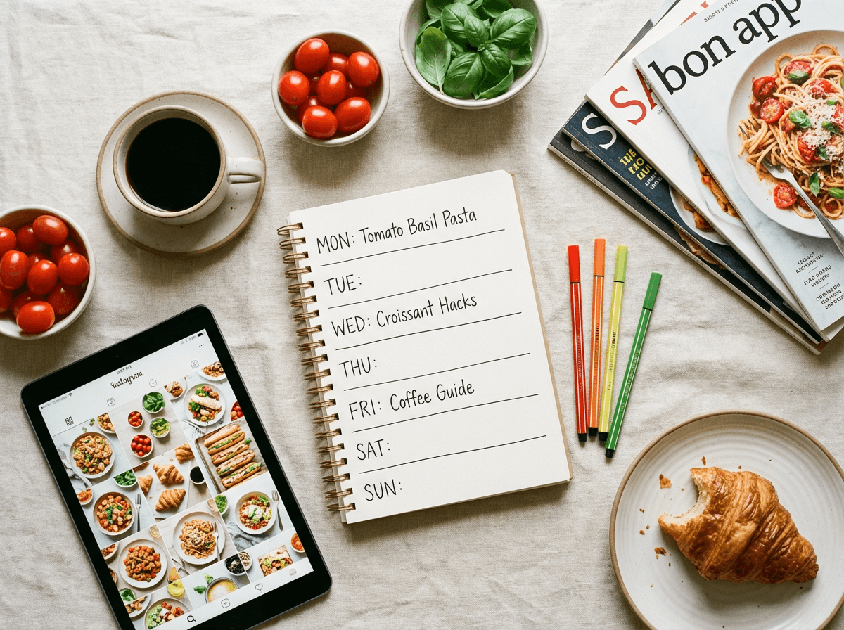 Food blogger weekly content planning flat-lay with recipe calendar, Instagram grid, and fresh ingredients