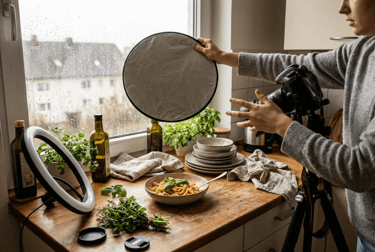 Food blogger struggling with chaotic photography setup in cramped home kitchen with props and equipment